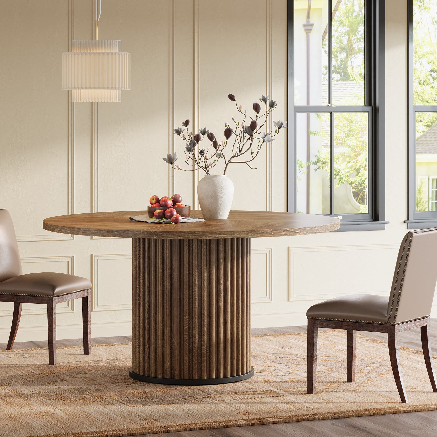 Tribesigns Mesa de comedor redonda de 120 cm, Mesa de cocina de madera con base de metal ranurado resistente