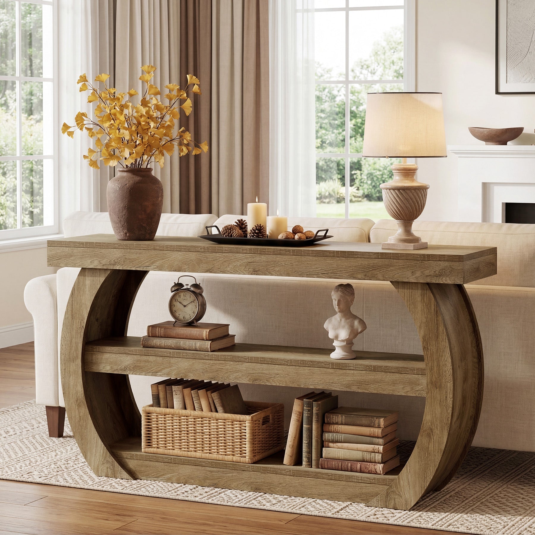 Tribesigns Mesa consola estilo granja (160 cm), Mesa de madera de 3 niveles para pasillo con estante de almacenamiento