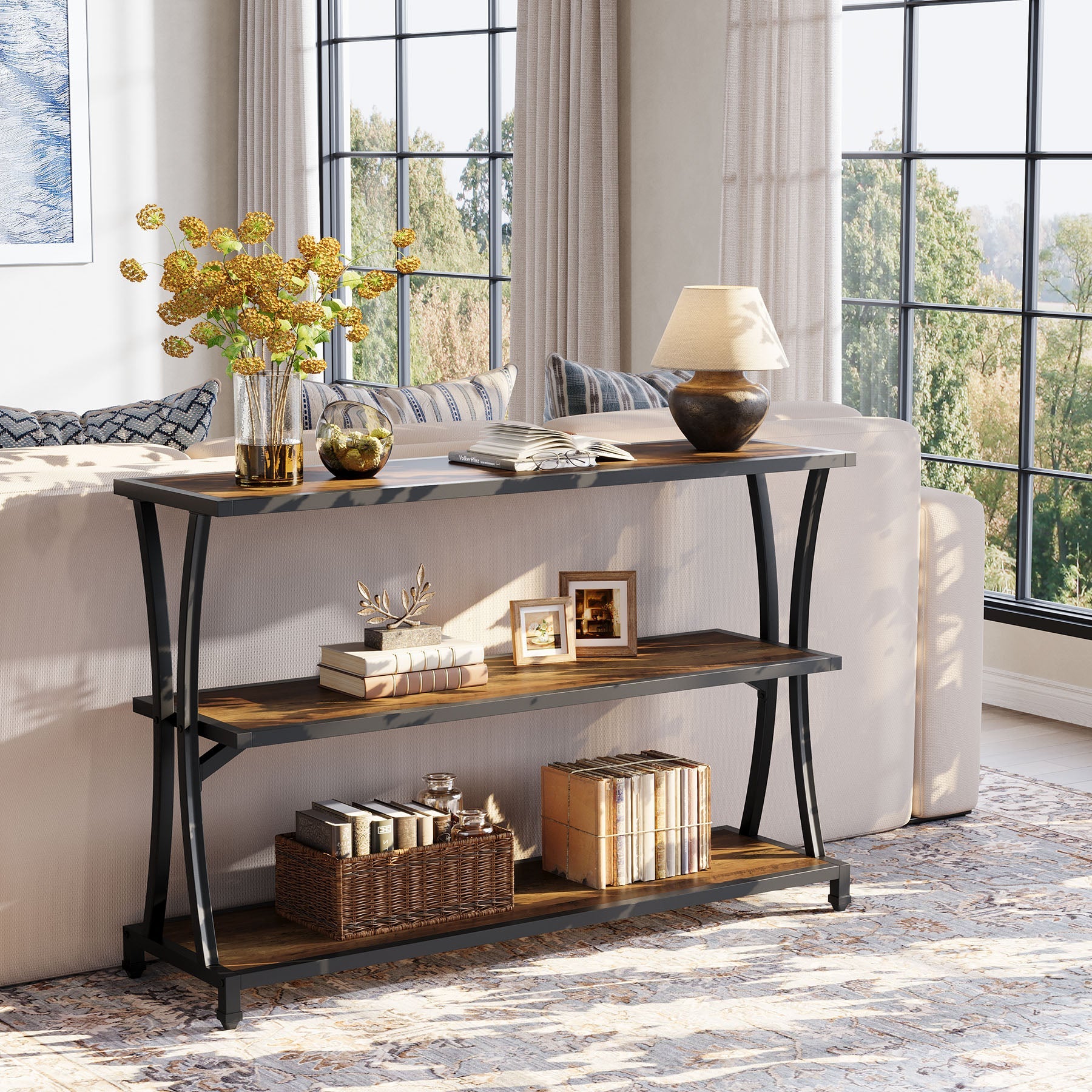 Tribesigns Consola estrecha de estilo industrial con 3 estantes, Mesa de recibidor y de sofá en imitación madera con estructura de metal resistente