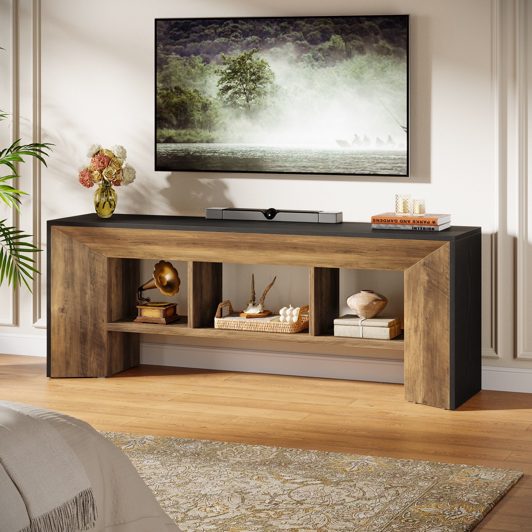 Mueble para TV de 160 cm, Mueble multimedia de 3 compartimentos para salón