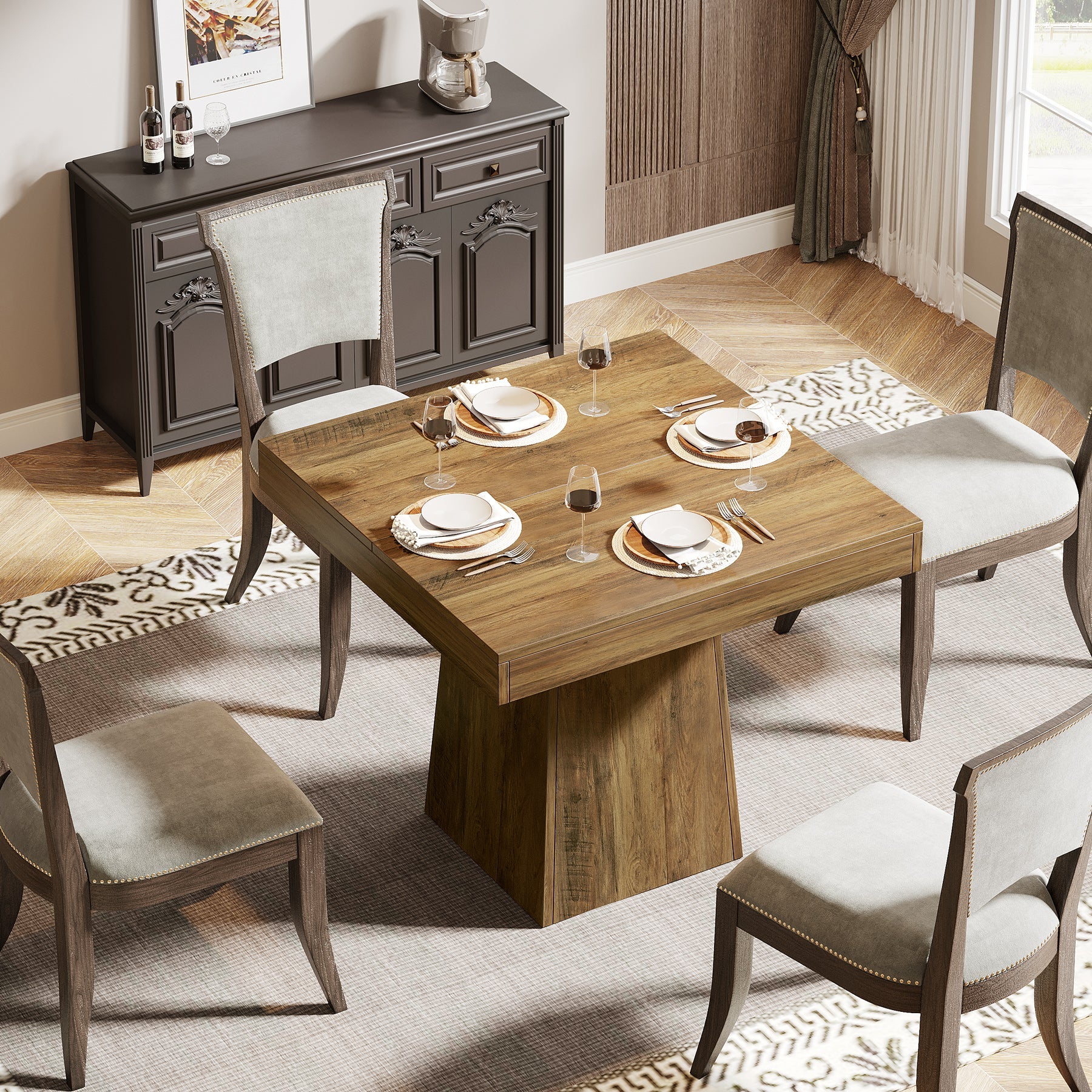 Tribesigns Mesa de comedor cuadrada de 80 cm para 4 personas, Estilo rústico con base de columna en color marrón