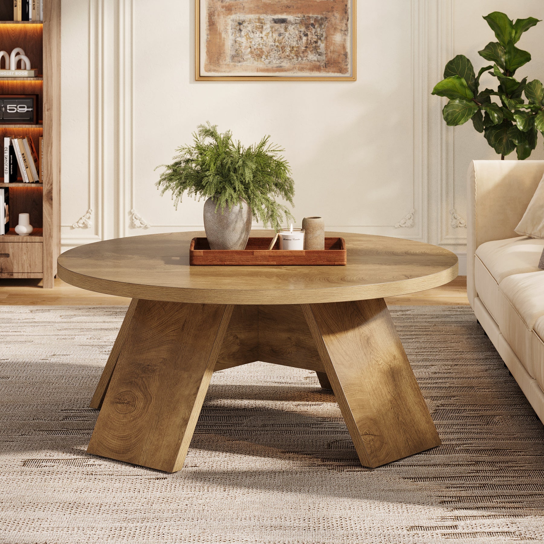 Tribesigns Mesa de centro redonda de madera de 100 cm con patas acampanadas, Moderna mesa auxiliar para sala de estar