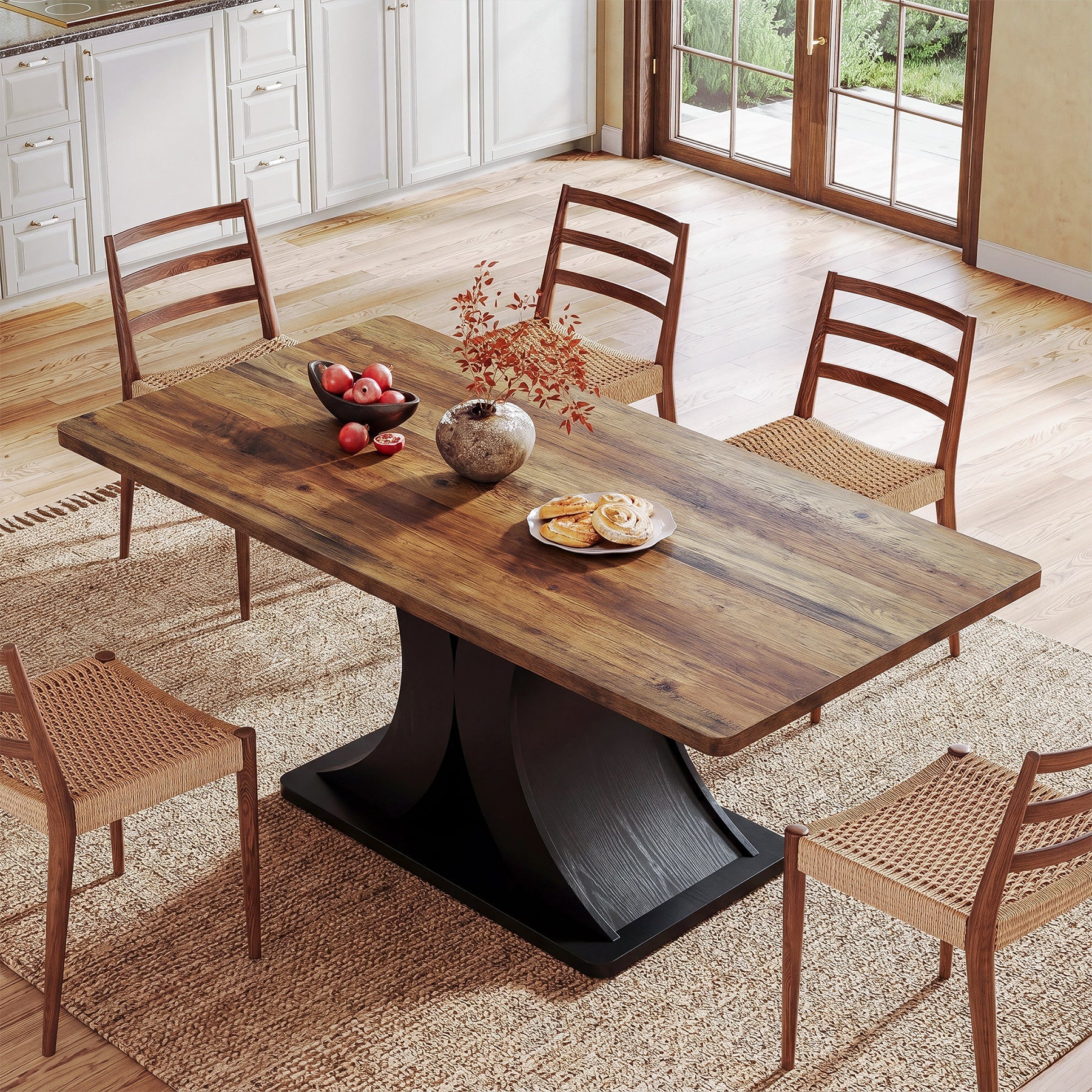 Mesa de comedor de 140 cm para 4-6 personas, Mesa de cocina rectangular de estilo rústico con base metálica estable