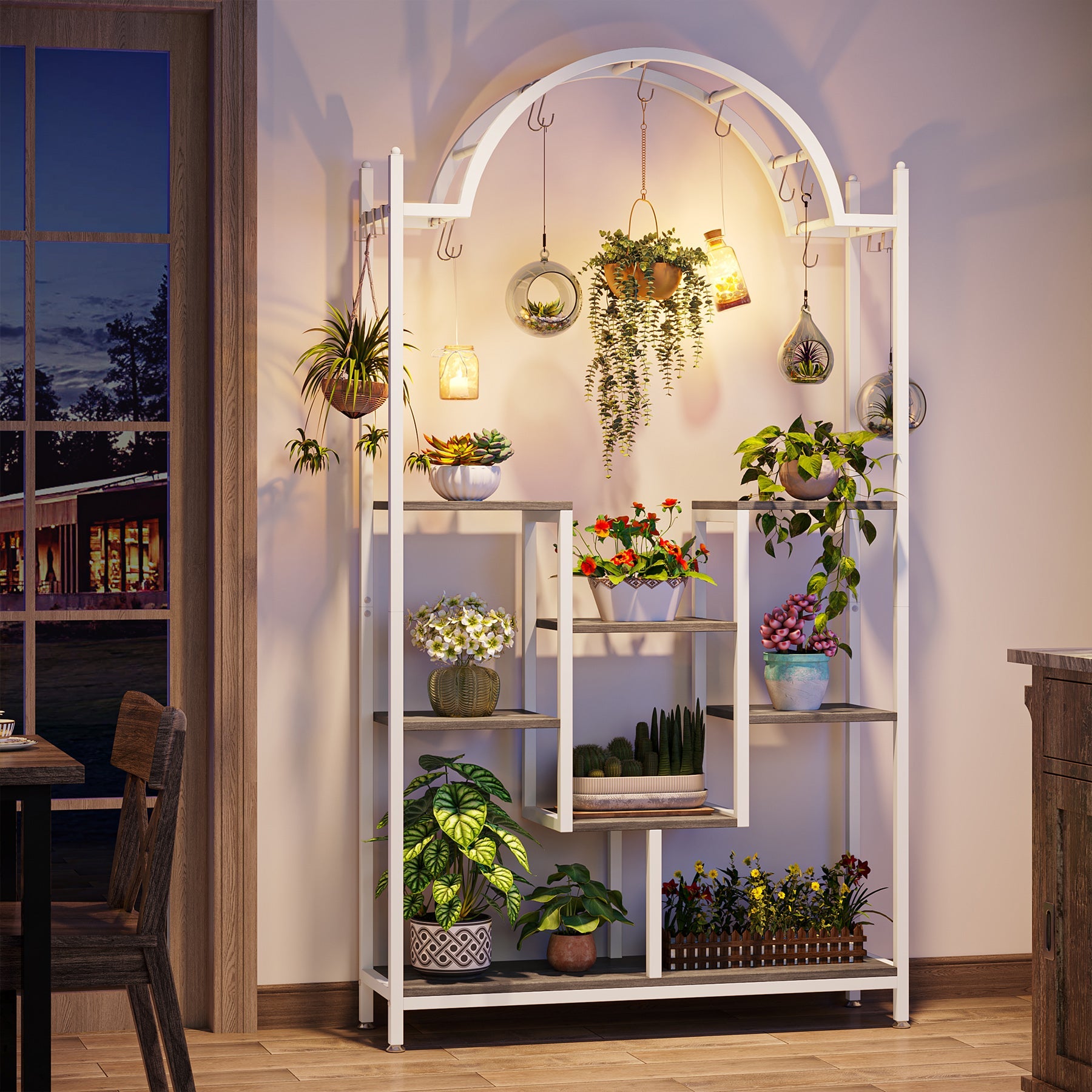 Tribesigns Soporte para plantas de interior de 5 niveles, Estante de metal para plantas con 8 ganchos en forma de S