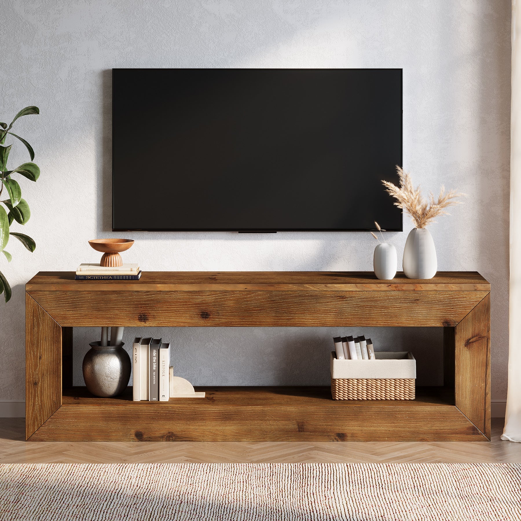 Tribesigns Mueble de TV de 120 cm de madera maciza con almacenamiento, Mueble bajo rústico para equipos multimedia