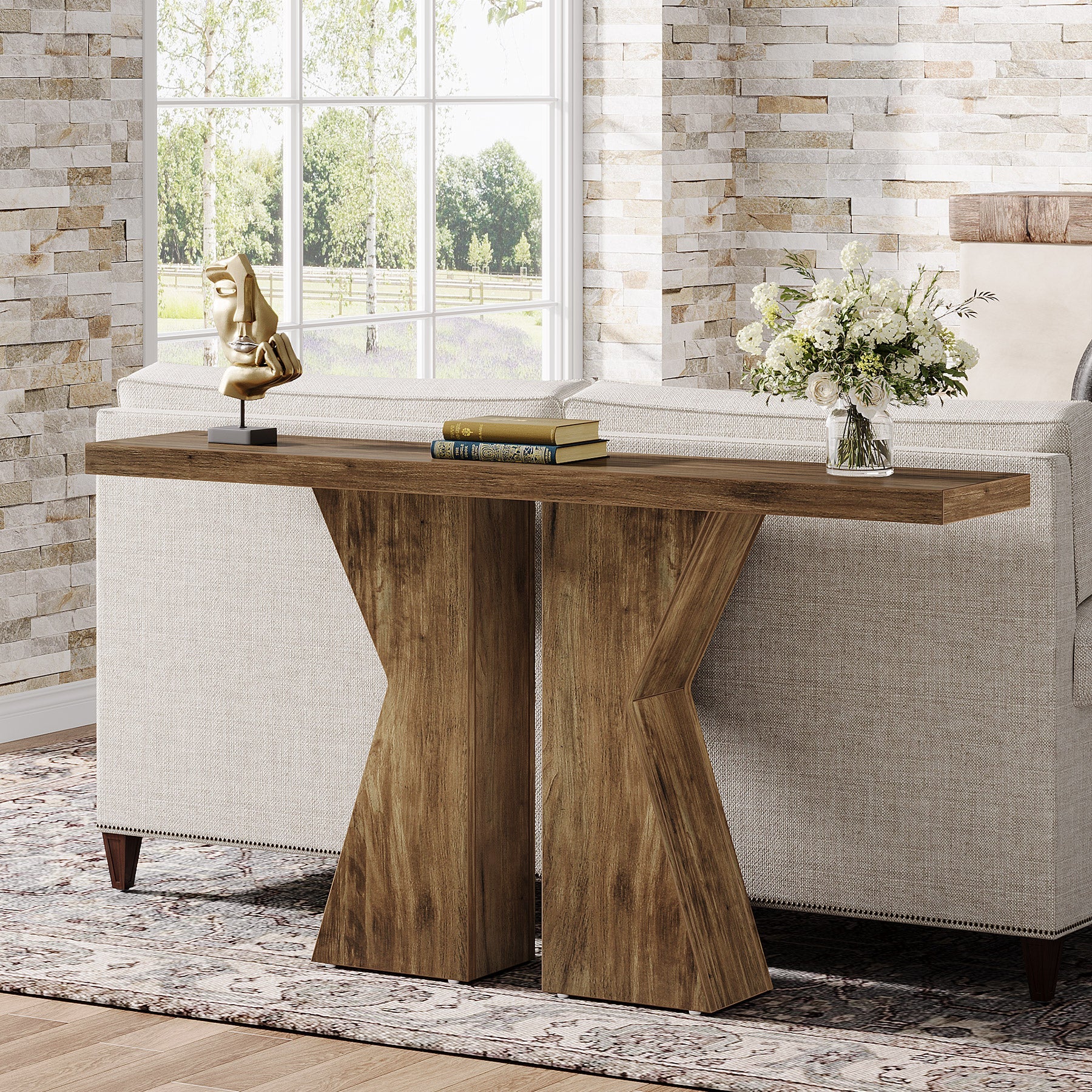 Tribesigns Mesa consola de madera, Mesa de entrada para sofá con estructura en forma de K
