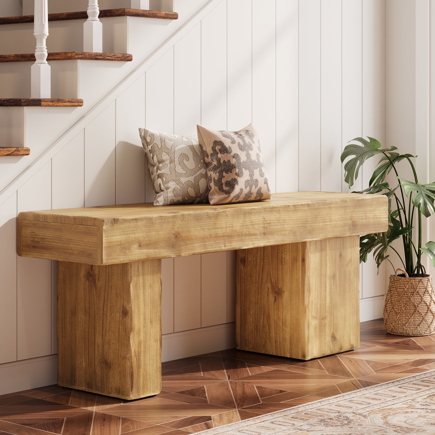 Banco de recibidor de 119 cm de madera maciza, Estilo rústico con asiento grueso