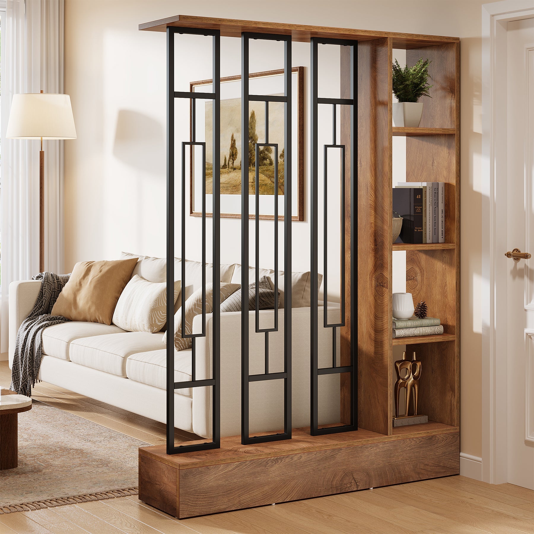 Biombo separador de ambientes de madera y metal de 120 cm, Pantalla de privacidad con estantes
