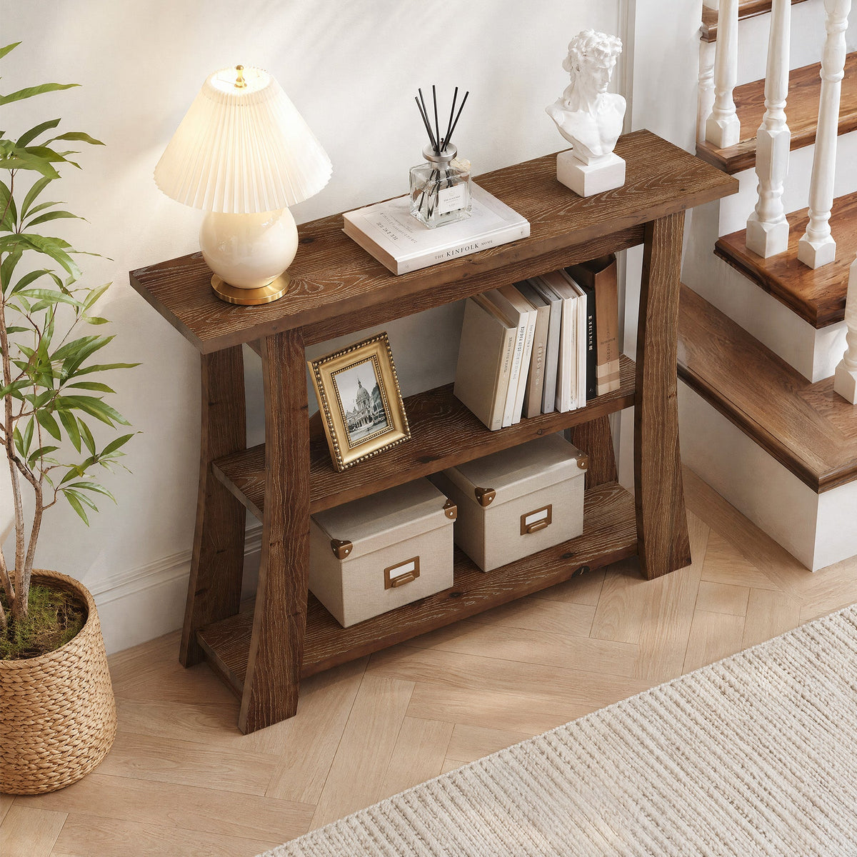 Tribesigns Mesa consola de madera maciza con 3 estantes, Mesa estrecha para recibidor de 105 cm
