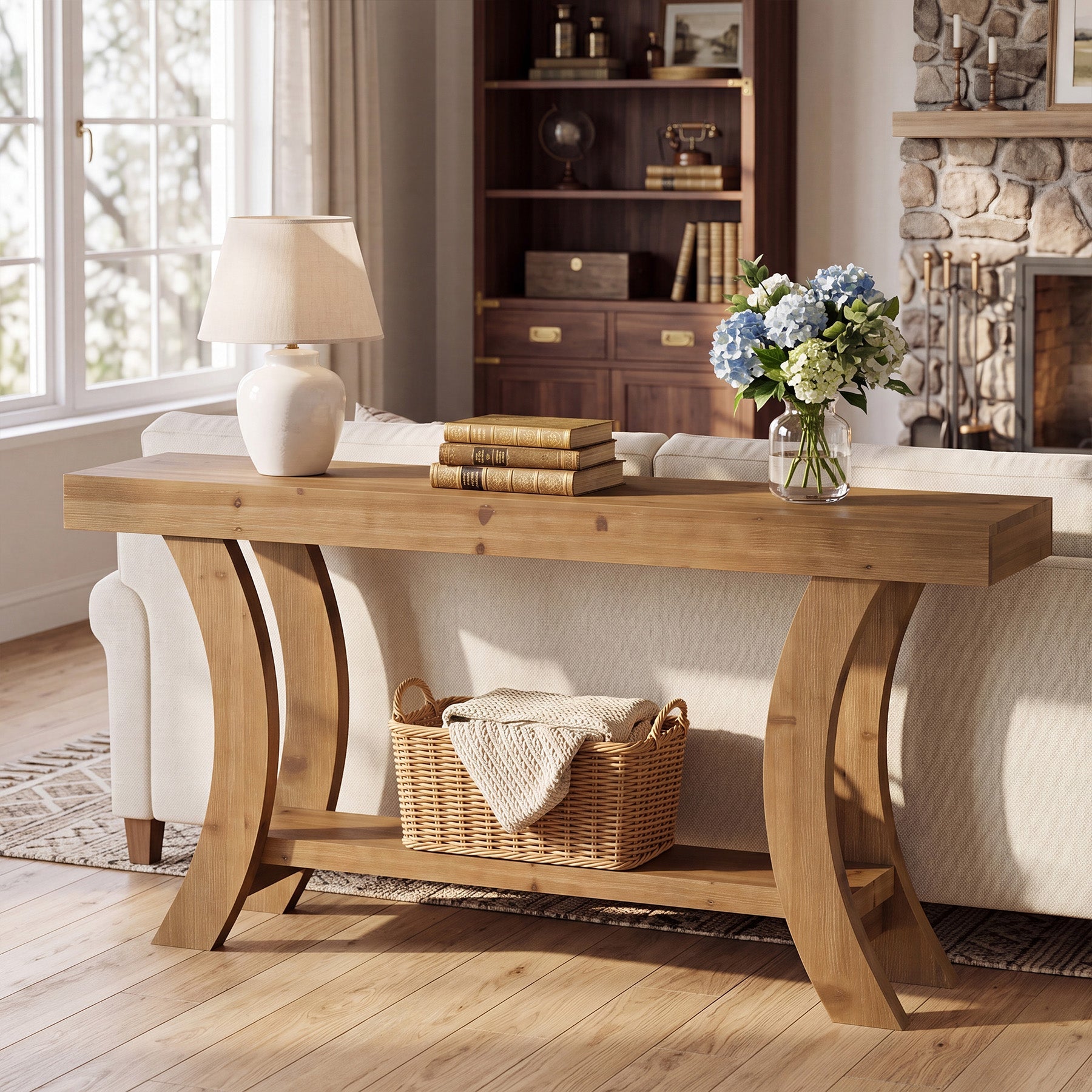 Tribesigns Mesa consola de madera maciza 160 cm, Mesa de recibidor con estante y marco arqueado curvo