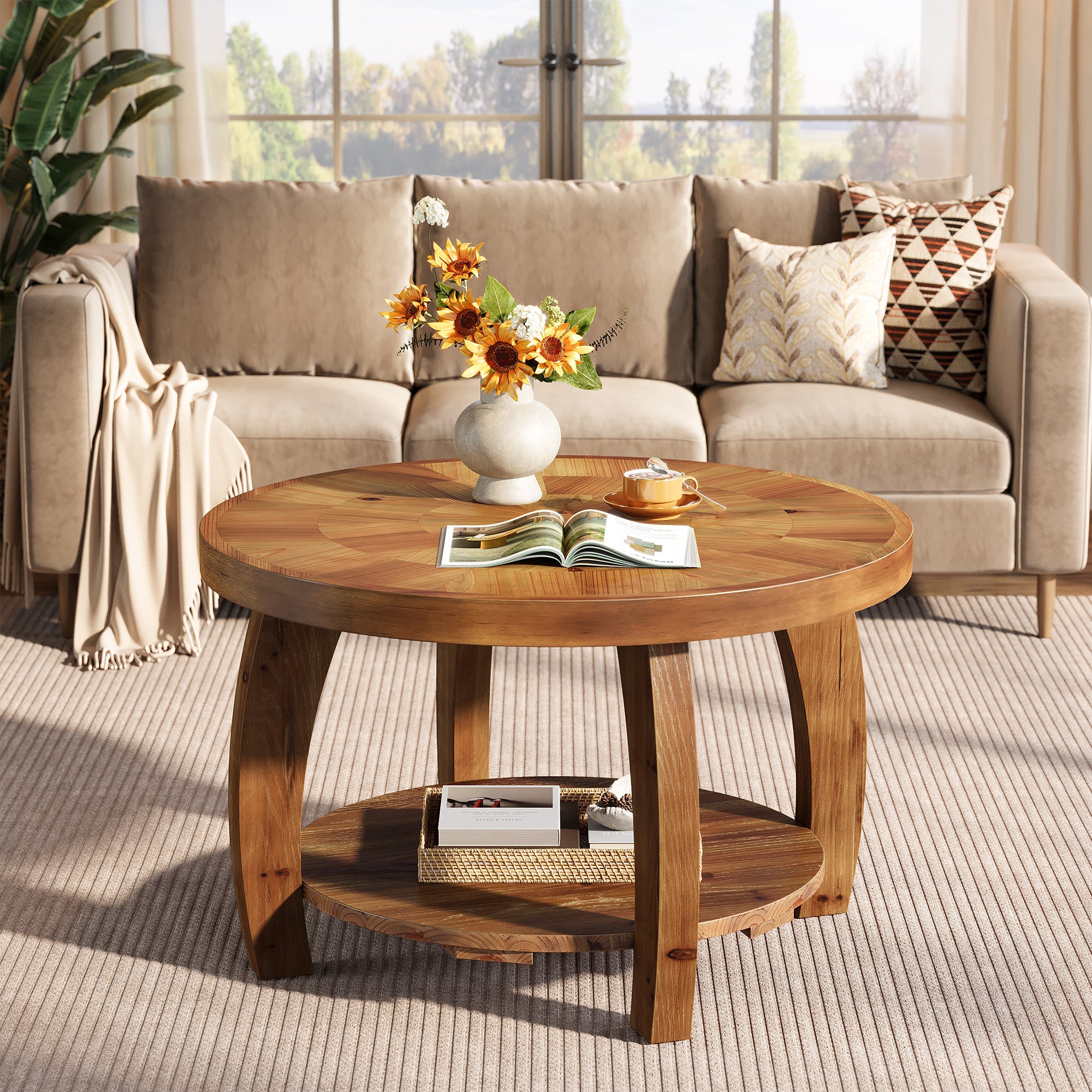 Mesa de centro redonda de madera maciza de 80 cm, Mesa auxiliar de 2 niveles con estampado de mosaico y estante inferior