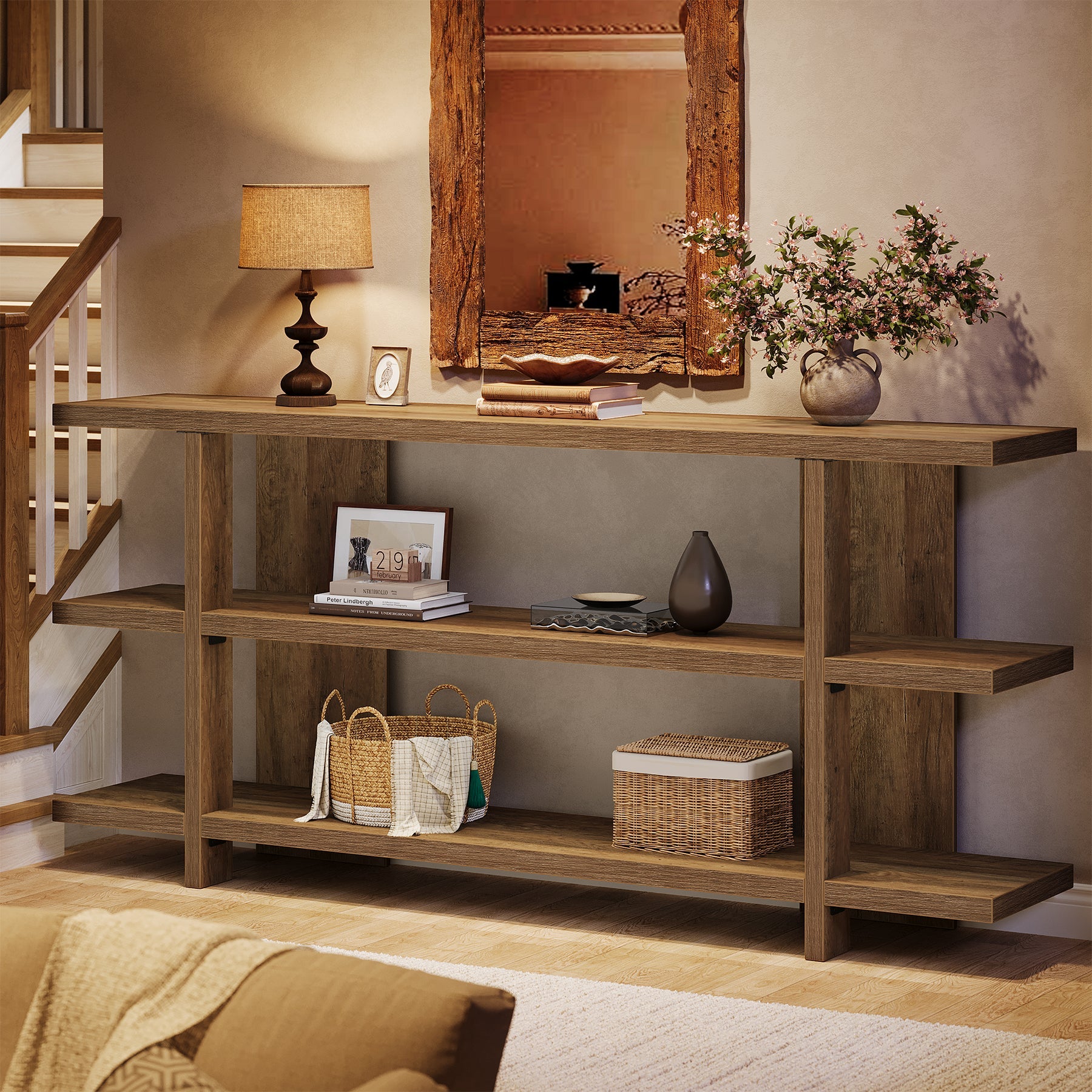 Tribesigns Consola de 160 cm con espacio de almacenaje, Mesa de recibidor estrecha de madera con 3 niveles en estilo rústico