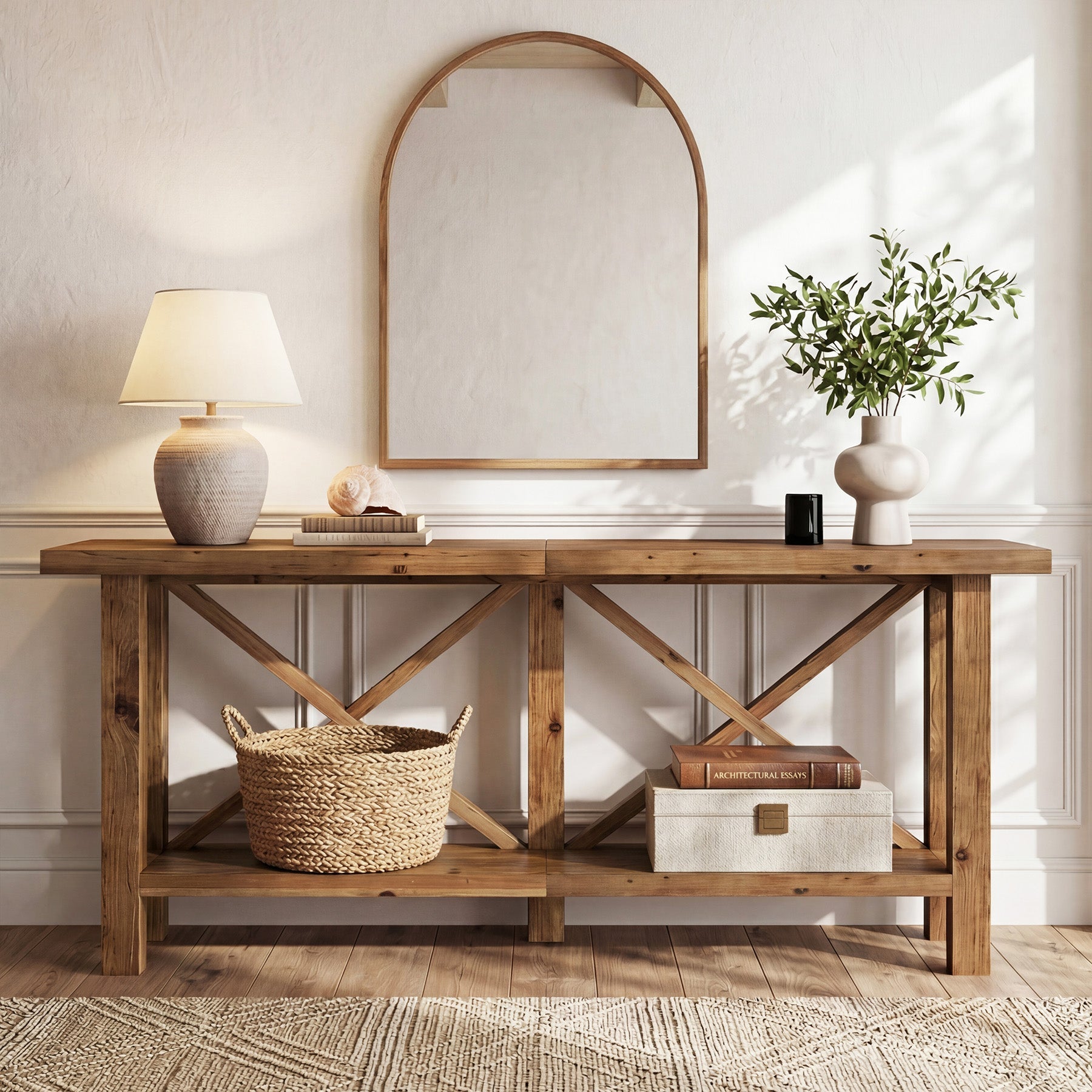 Mesa consola estrecha de 180 cm, Mesa de recibidor de madera maciza de 2 niveles