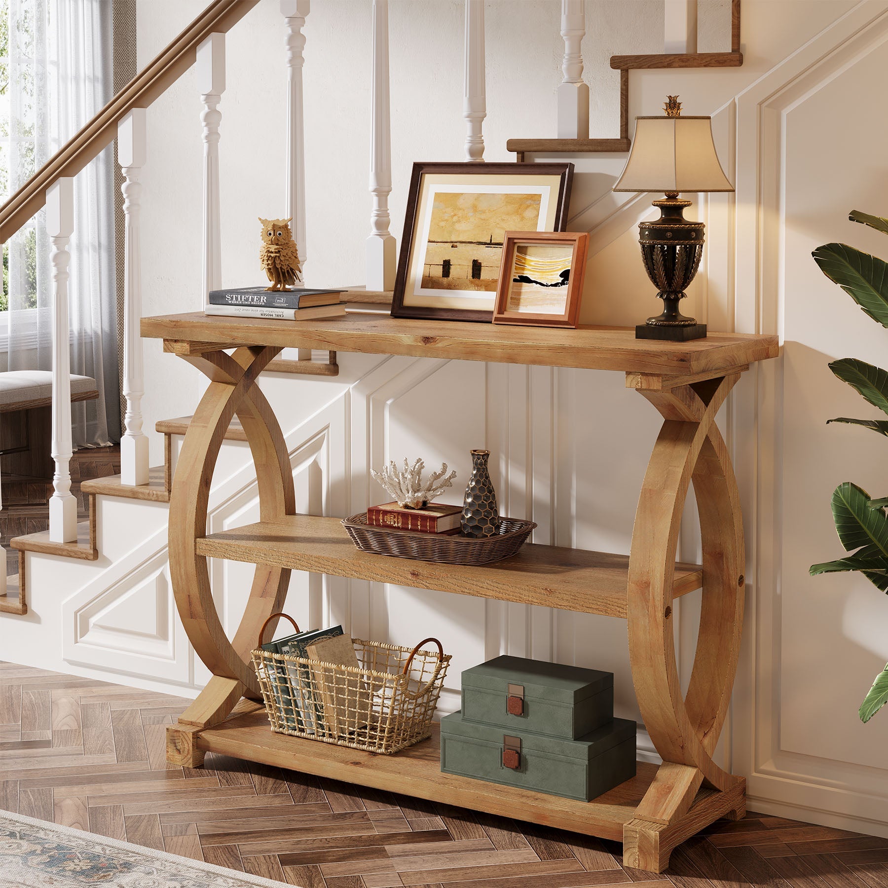 Tribesigns Consola de madera maciza de 105 cm, Mesa de sofá estrecha con 3 estantes y diseño lateral de cola de pez