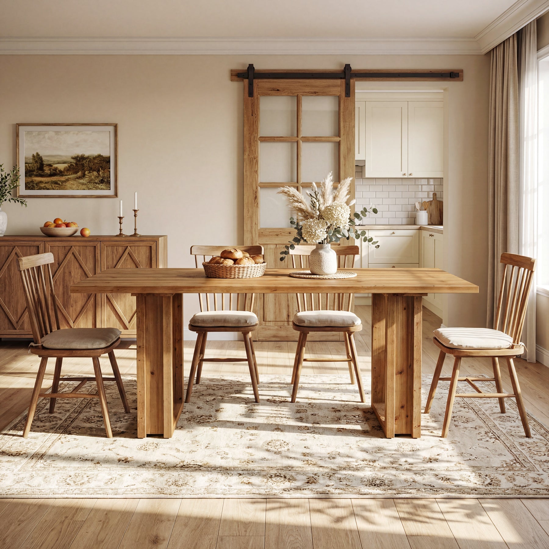 Mesa de comedor de madera maciza de 160 cm para 4-6 personas, Mesa de cocina rectangular de estilo rústico con patas robustas