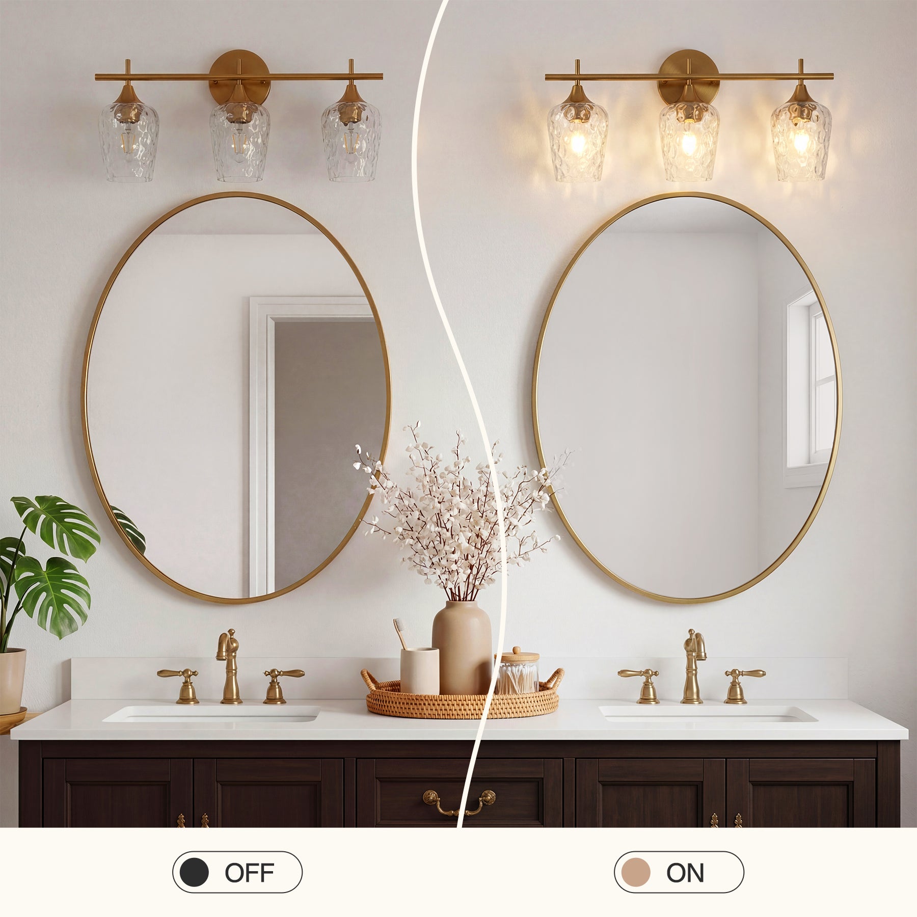 Tribesigns Aplique de pared LED de 3 luces para baño, Color dorado con cristal texturizado casquillo E27