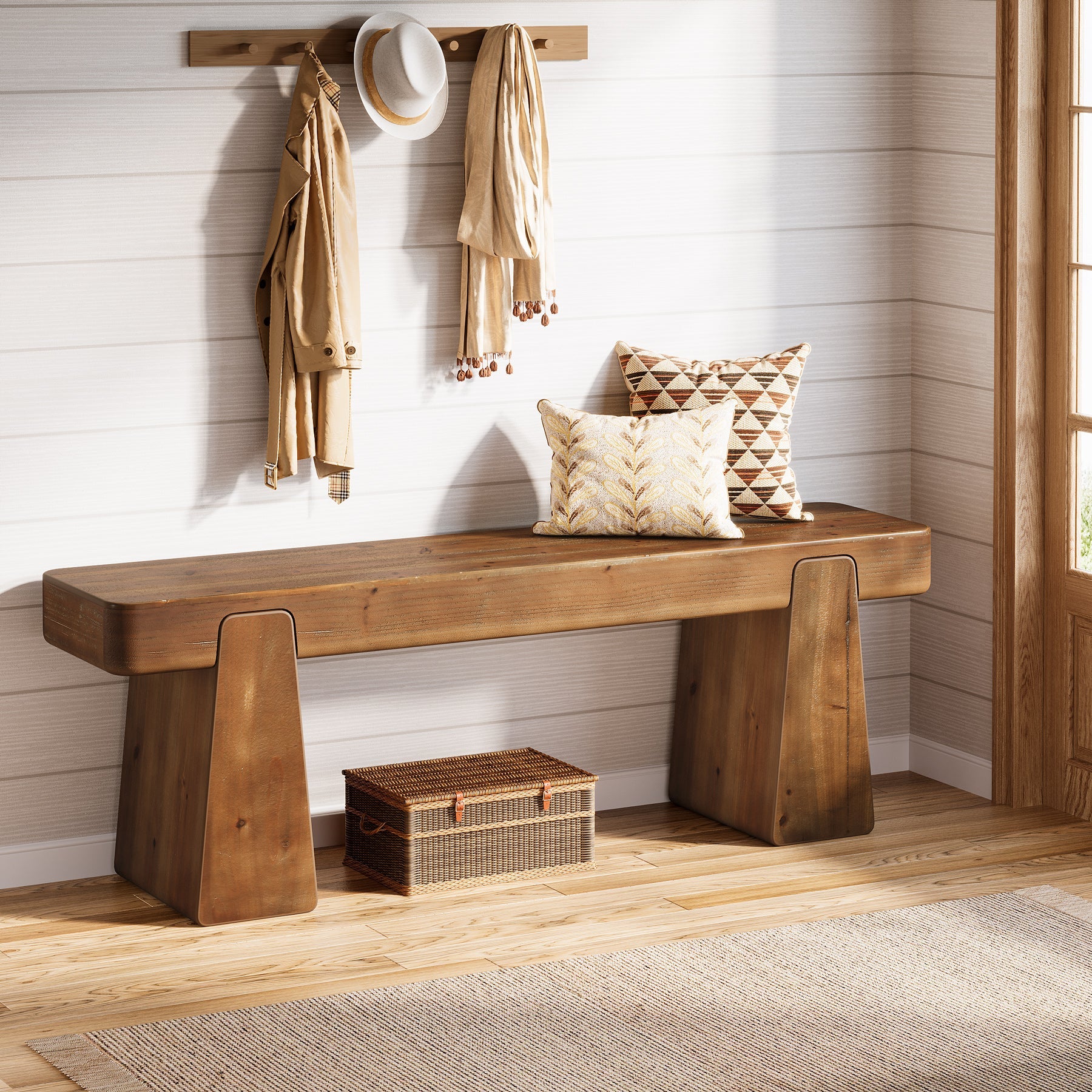 Tribesigns Banco de madera maciza 120 cm, Banco de pasillo de estilo rústico con patas reforzadas