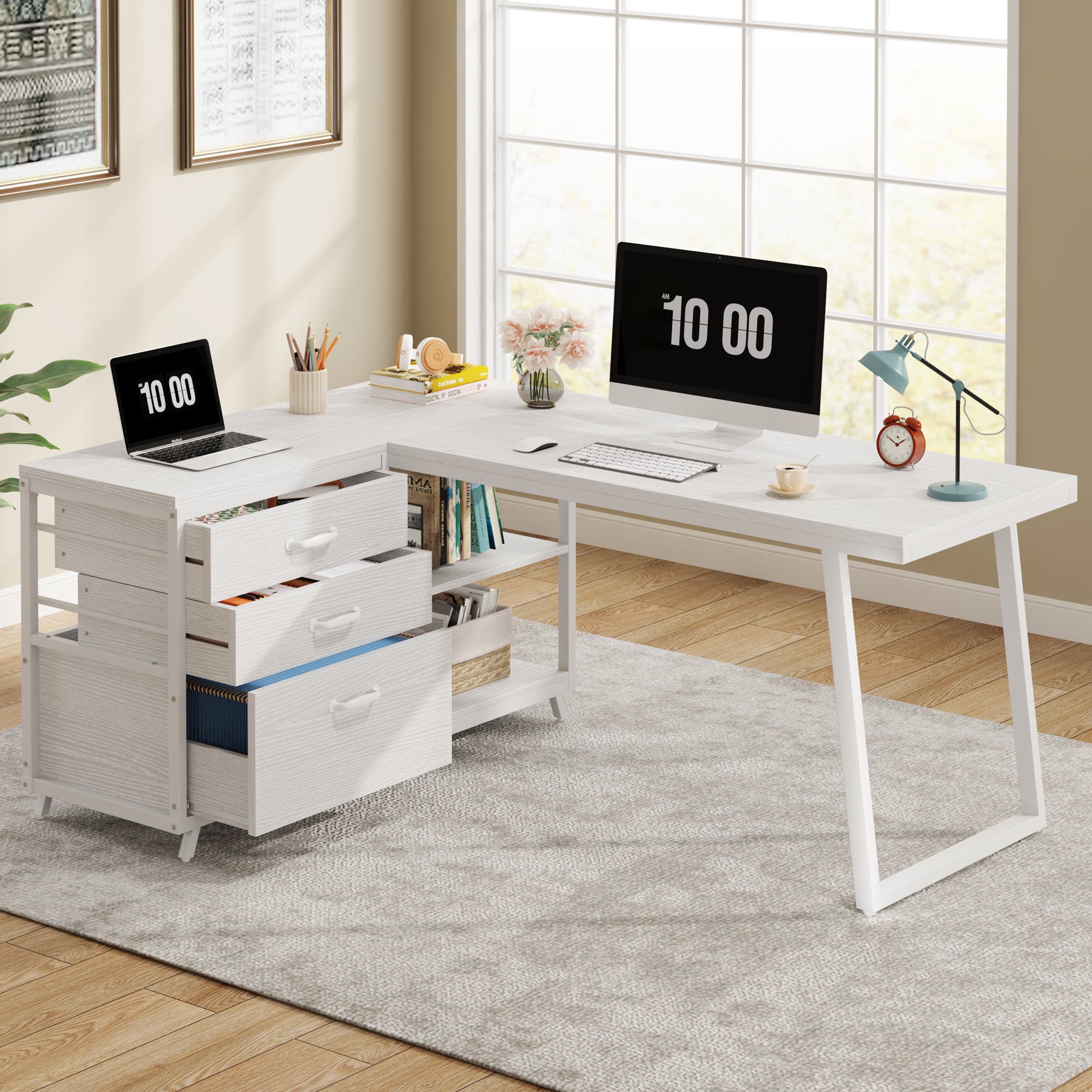 Tribesigns Escritorio para computadora reversible en forma de L con 3 cajones y estantes