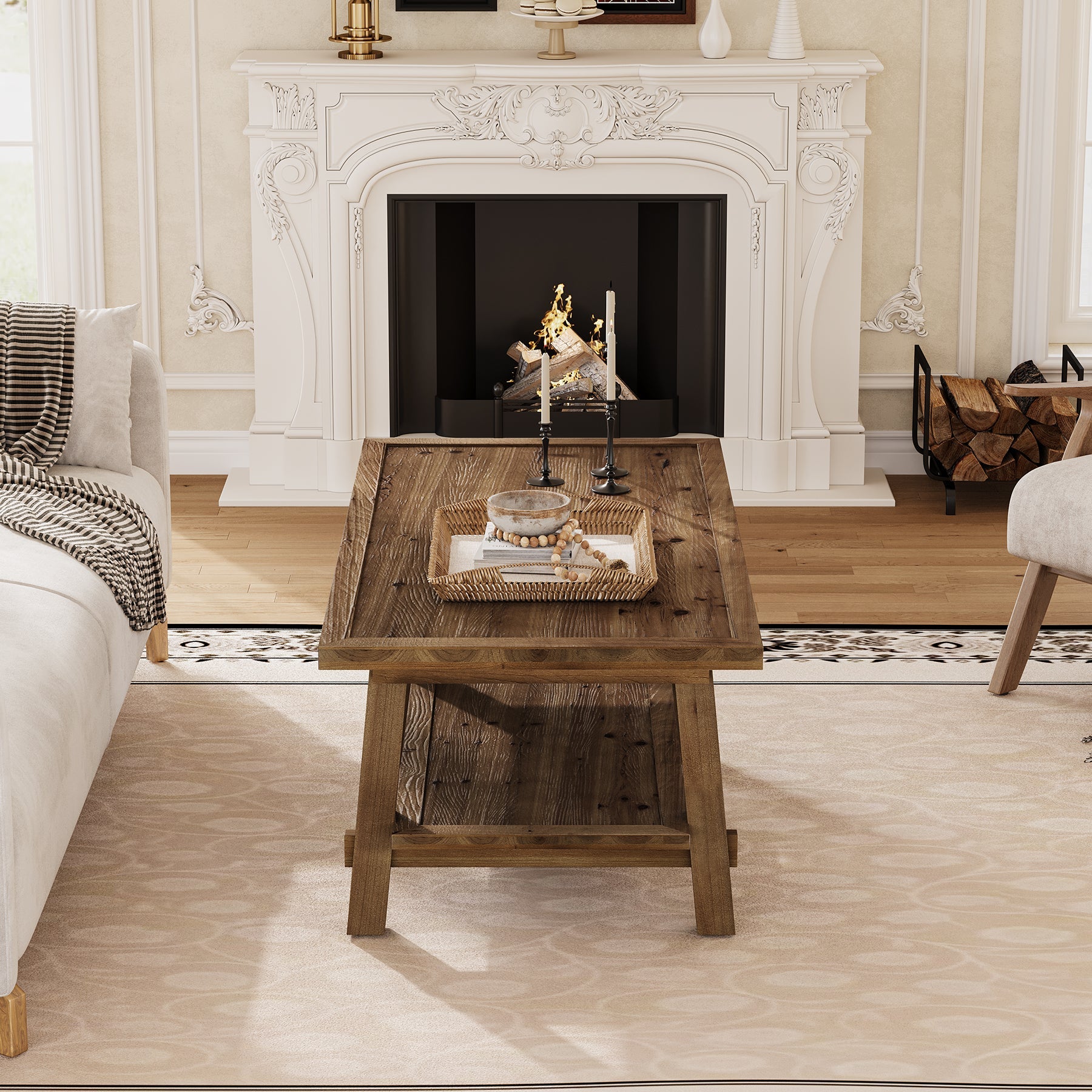 Tribesigns Mesa de centro de madera maciza 120 cm, Mesa de salón rectangular de estilo rústico con 2 estantes