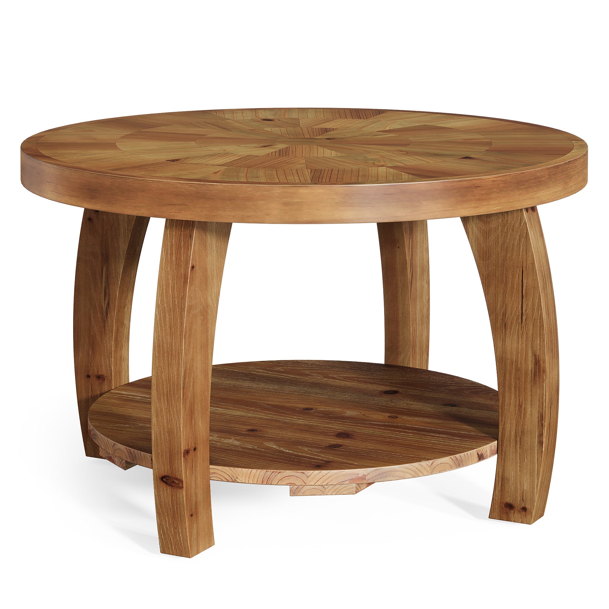 Mesa de centro redonda de madera maciza de 80 cm, Mesa auxiliar de 2 niveles con estampado de mosaico y estante inferior