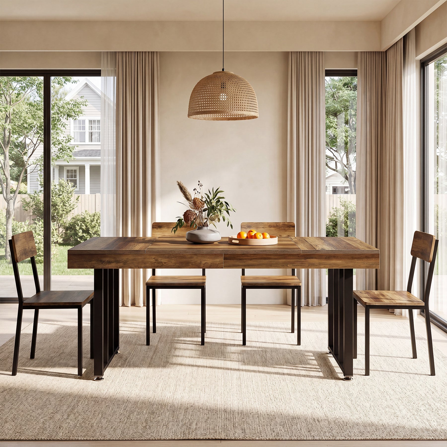 Mesa de comedor de 140 cm para 4 personas, Mesa de cocina rectangular con patas metálicas resistentes