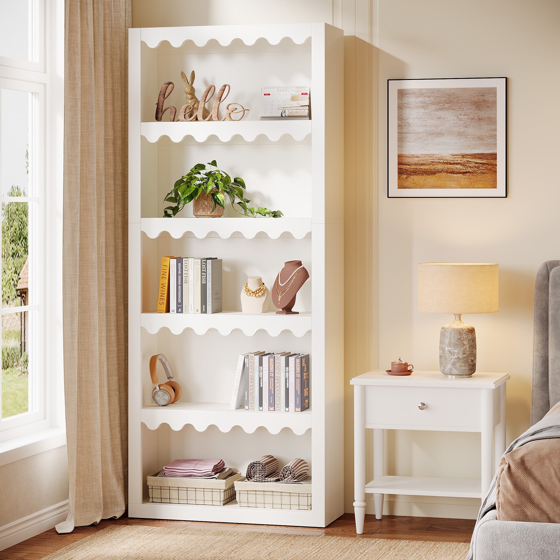 Tribesigns Librería de 180 cm de altura, Estantería moderna con bordes en forma de concha para salón