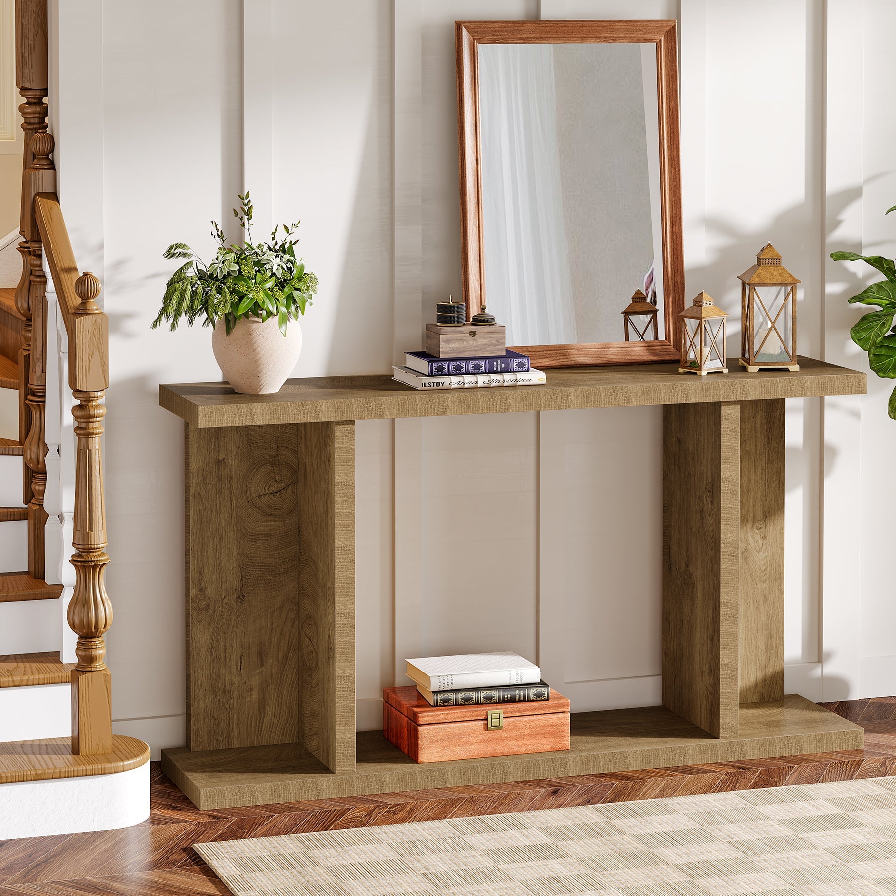 Tribesigns Mesa consola de 140 cm de estilo rústico, Consola estrecha de 2 niveles con base