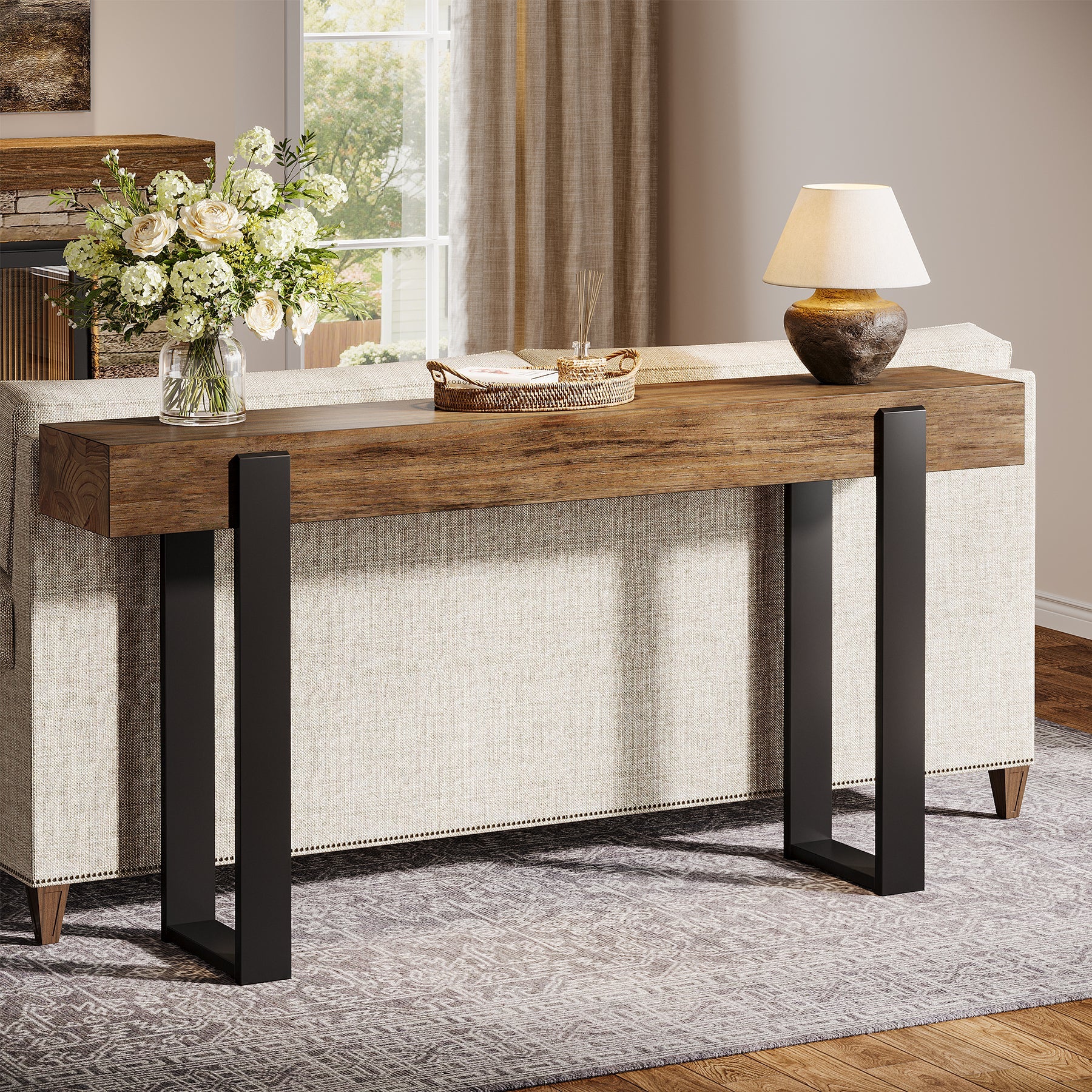 Tribesigns Mesa consola de madera maciza de 160 x 30 cm con patas de soporte metálicas