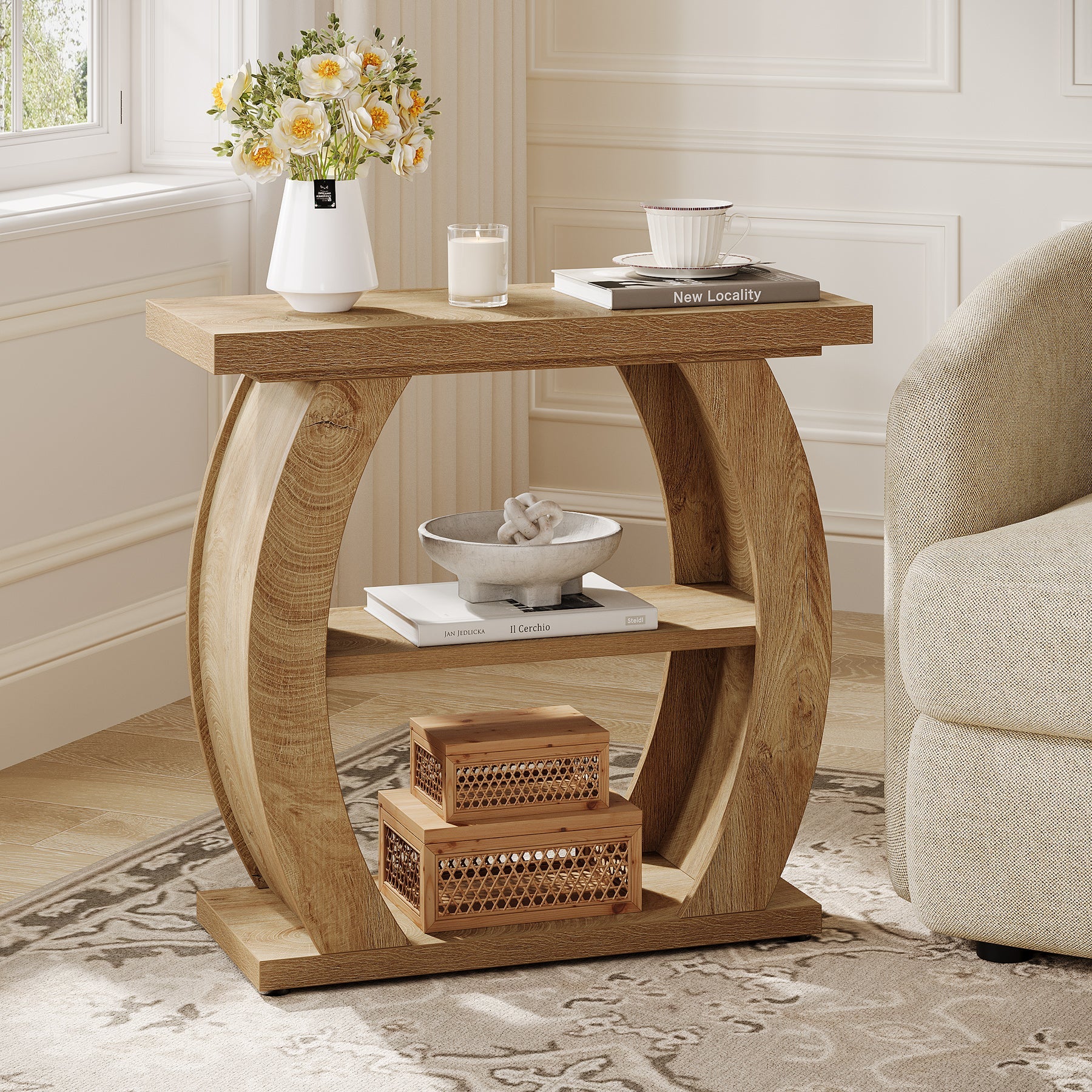 Tribesigns Mesita auxiliar estrecha de 65 cm con 3 niveles de almacenamiento, Mesita de noche rústica con estructura curva