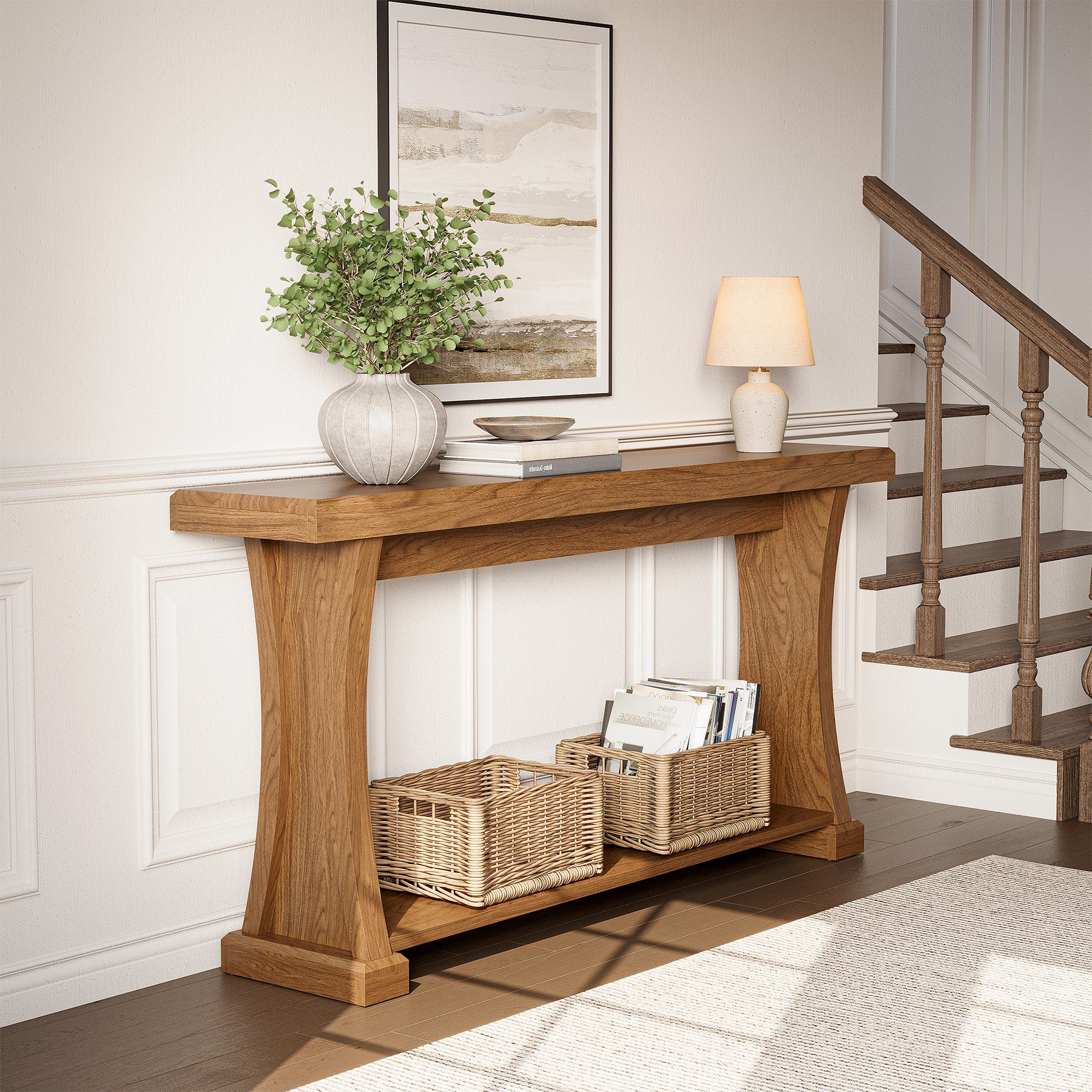 Tribesigns Mesa consola de 160 cm de largo con 2 estantes, Mesa estrecha para recibidor y sofá en imitación madera