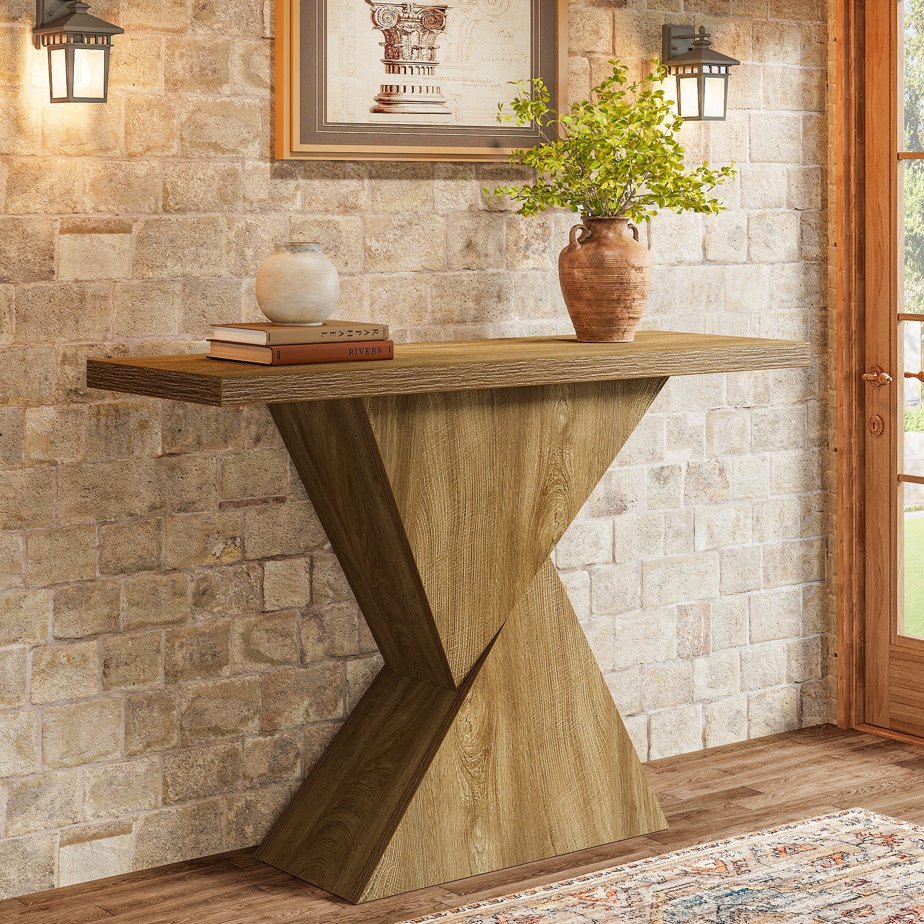 Tribesigns Mesa consola geométrica de 105 cm, Mesa de banco estrecha de estilo rústico