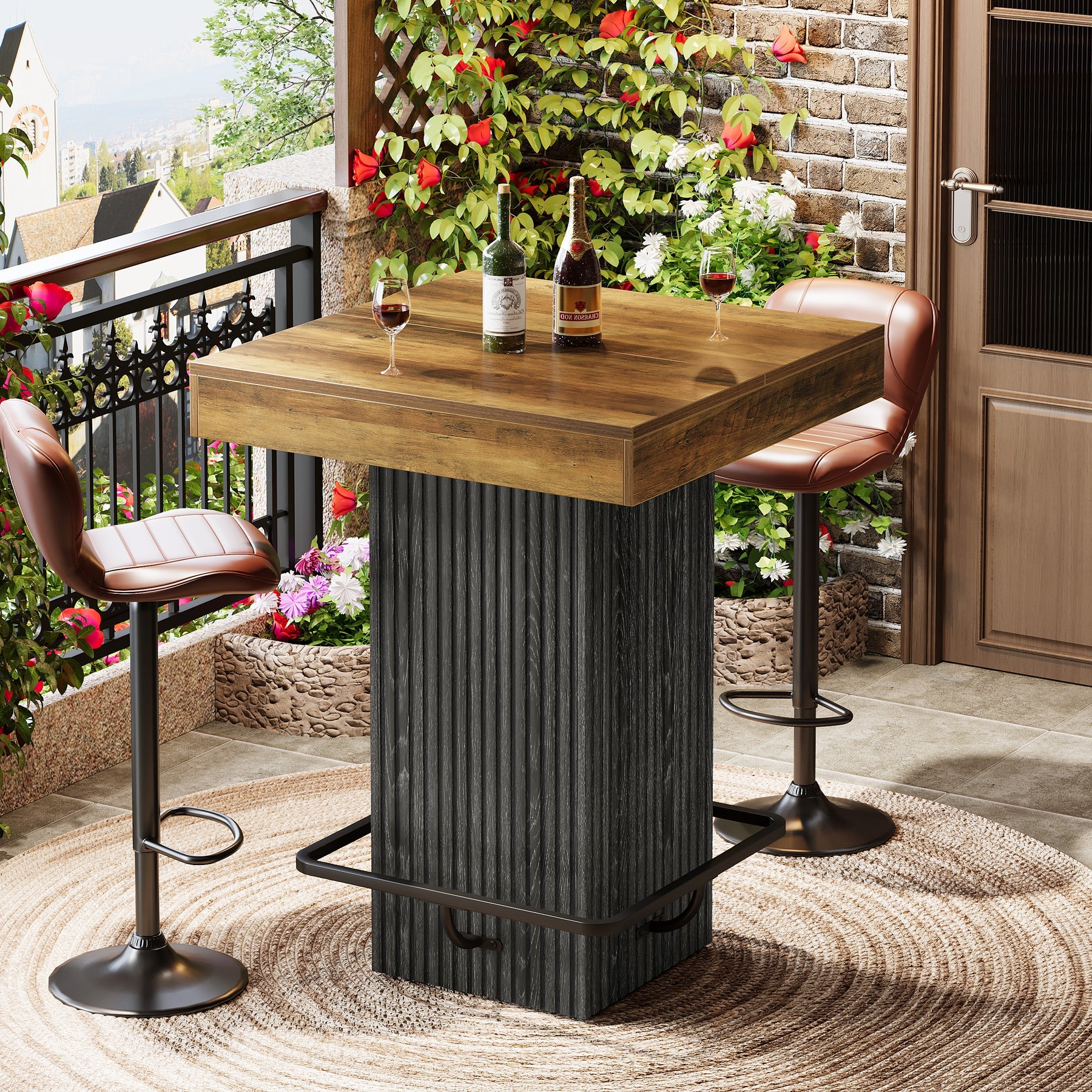 Mesa de bar cuadrada de 80 x 80 x 101 cm con reposapiés metálico, Mesa de pub industrial para cocina y comedor
