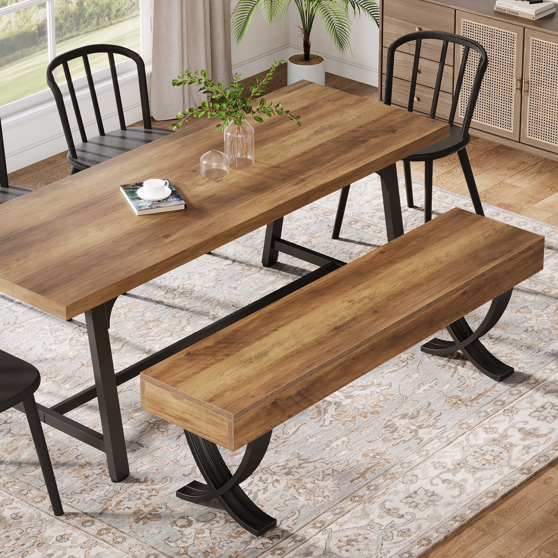 Tribesigns Banco de comedor rústico de 140 cm con tablero de aspecto de madera y patas metálicas en forma de X, Banco de cocina largo para comedor y pasillo