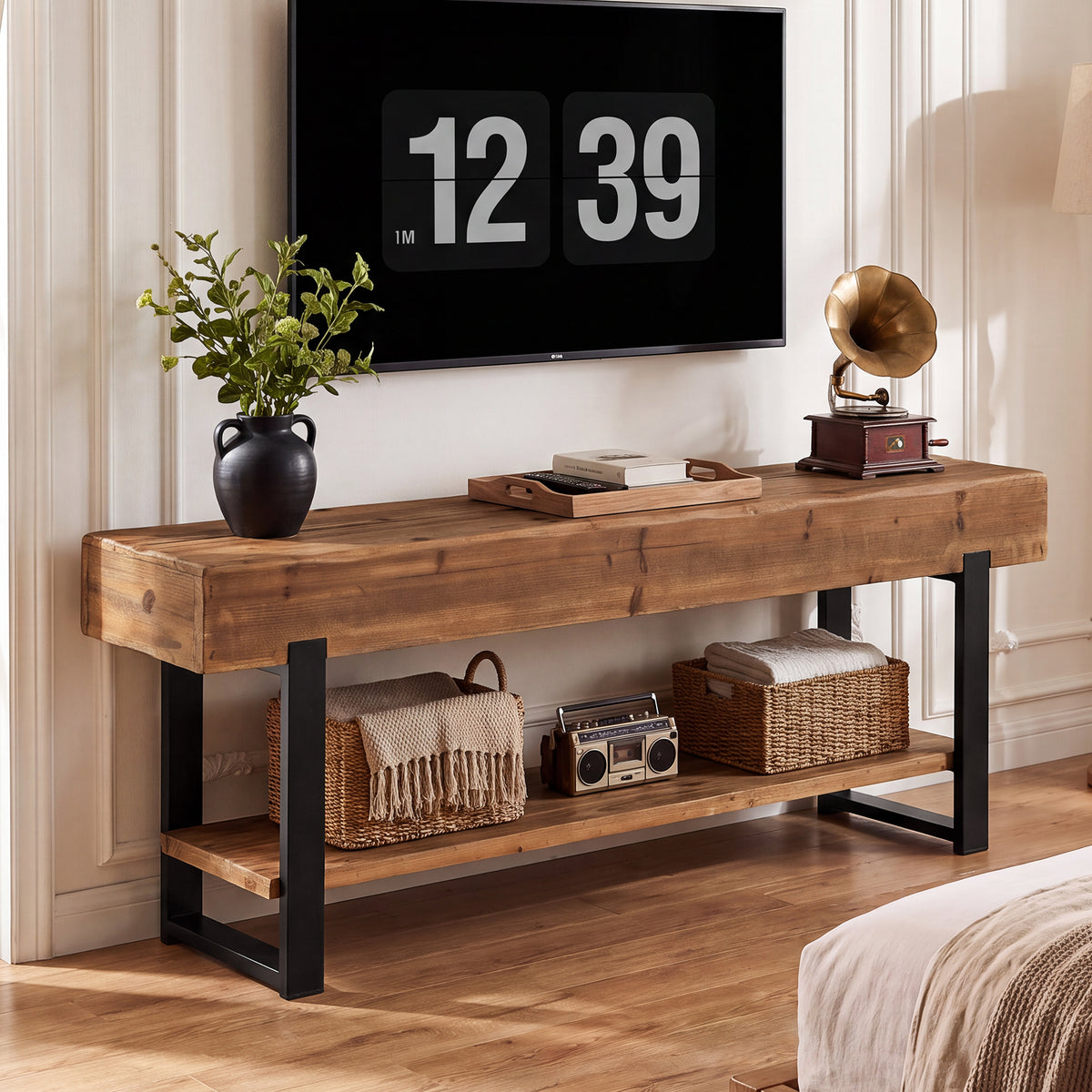 Tribesigns Mueble para TV de madera maciza para televisores, Centro de entretenimiento de estilo industrial de 2 niveles con estructura metálica