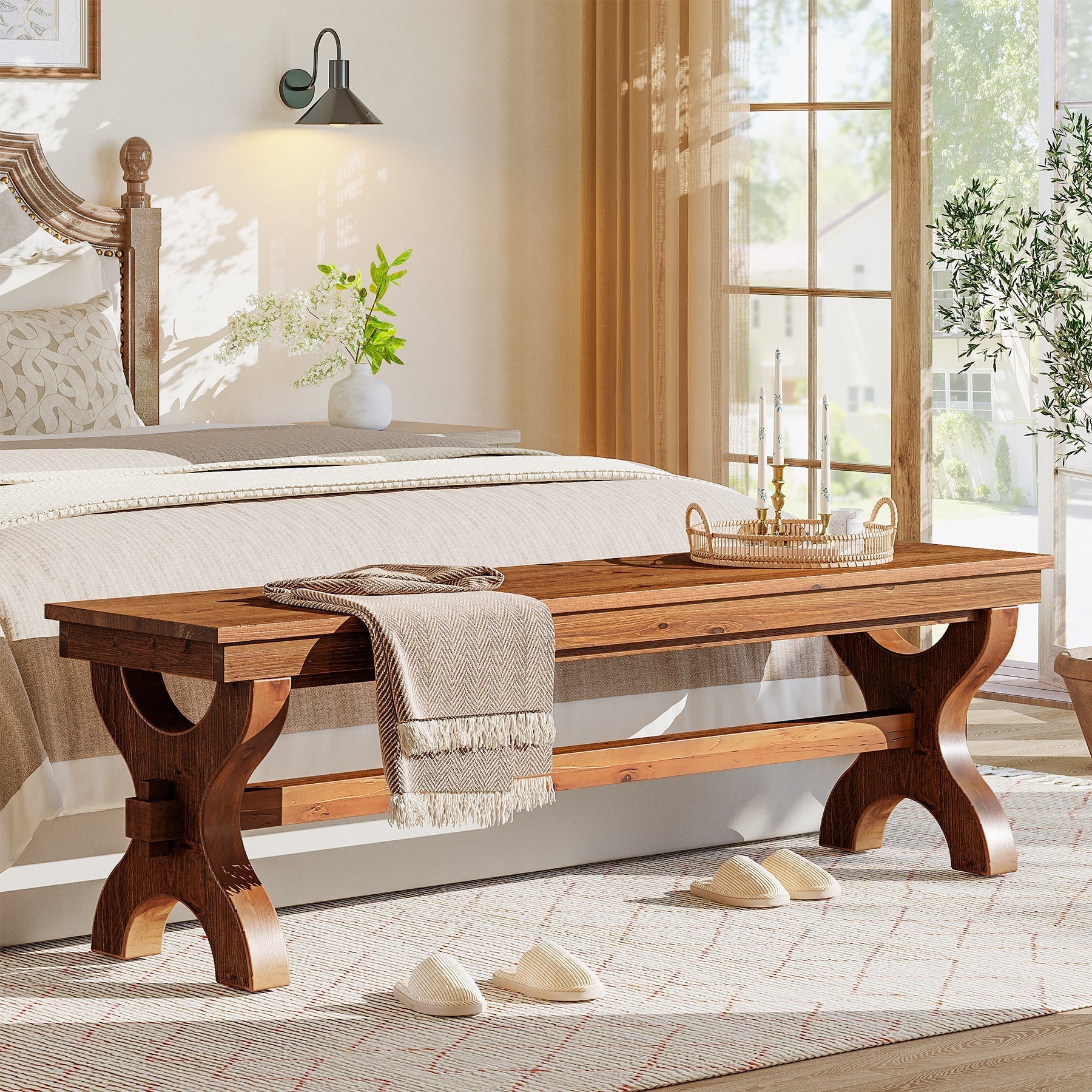 Tribesigns Banco de madera maciza de 140 cm, Banco para recibidor y zapatero de estilo rústico para recibidor, dormitorio y comedor