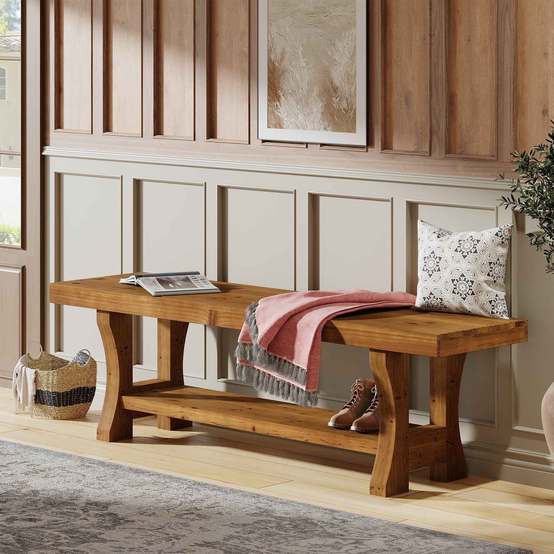 Tribesigns Banco de pasillo de madera maciza de 140 cm con almacenamiento abierto, Banco rústico para zapatos, ideal para pasillo, dormitorio y comedor