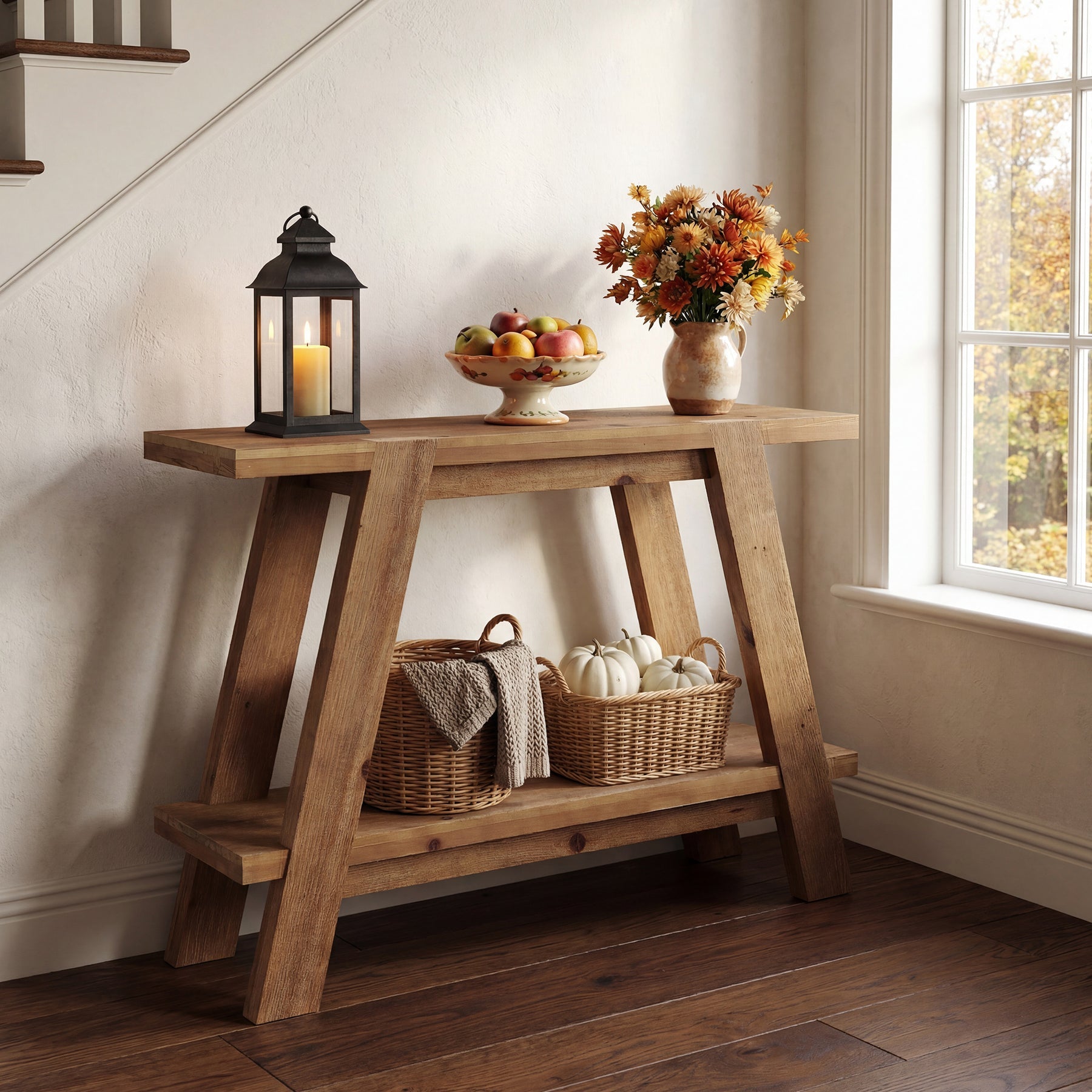 Tribesigns Consola estrecha de madera maciza de 110 cm de estilo rústico, Mesa de centro con 2 estantes