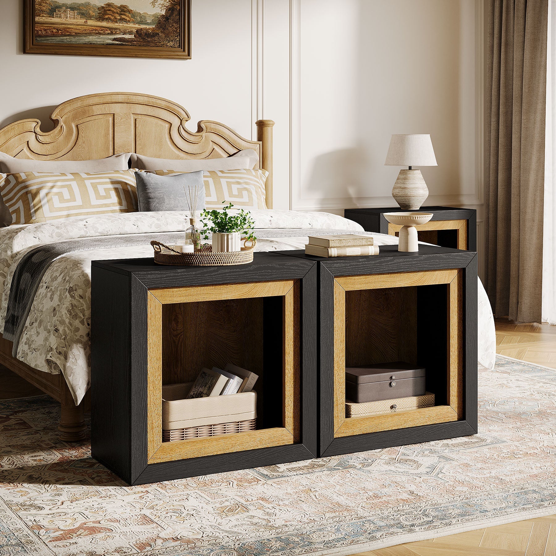 Tribeisigns Mesa auxiliar de madera de estilo industrial con diseño de marco abierto, Mesita de noche moderna con estante grande
