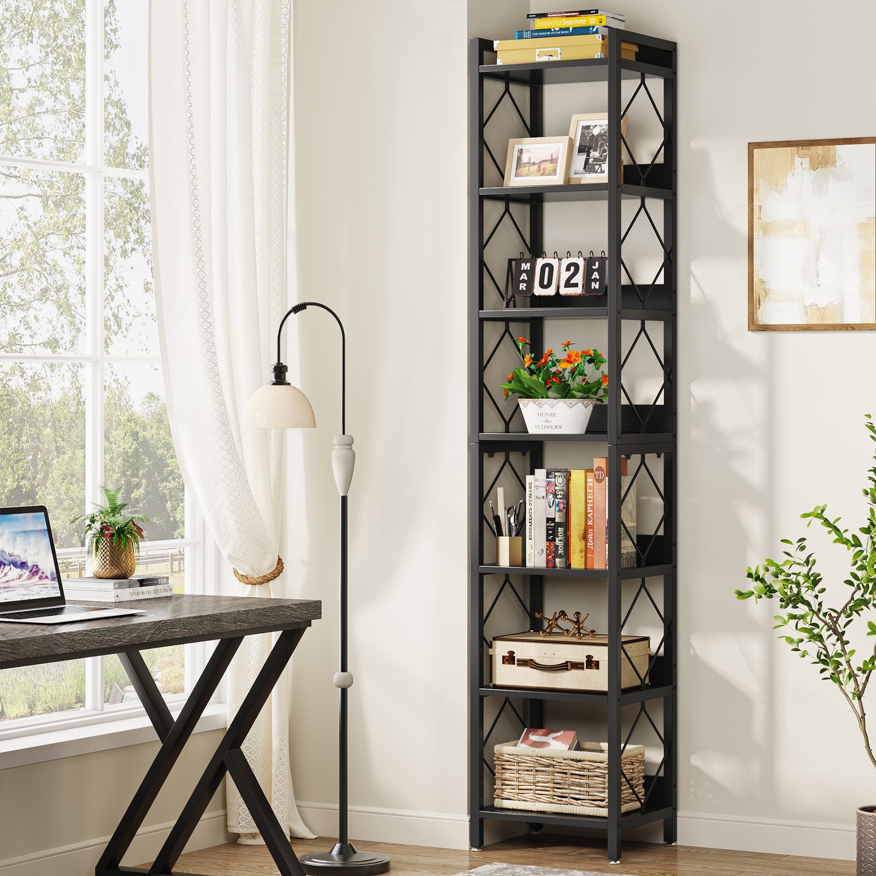 Tribesigns Librería extra alta y estrecha, Estantería de pared de 7 niveles para espacios pequeños