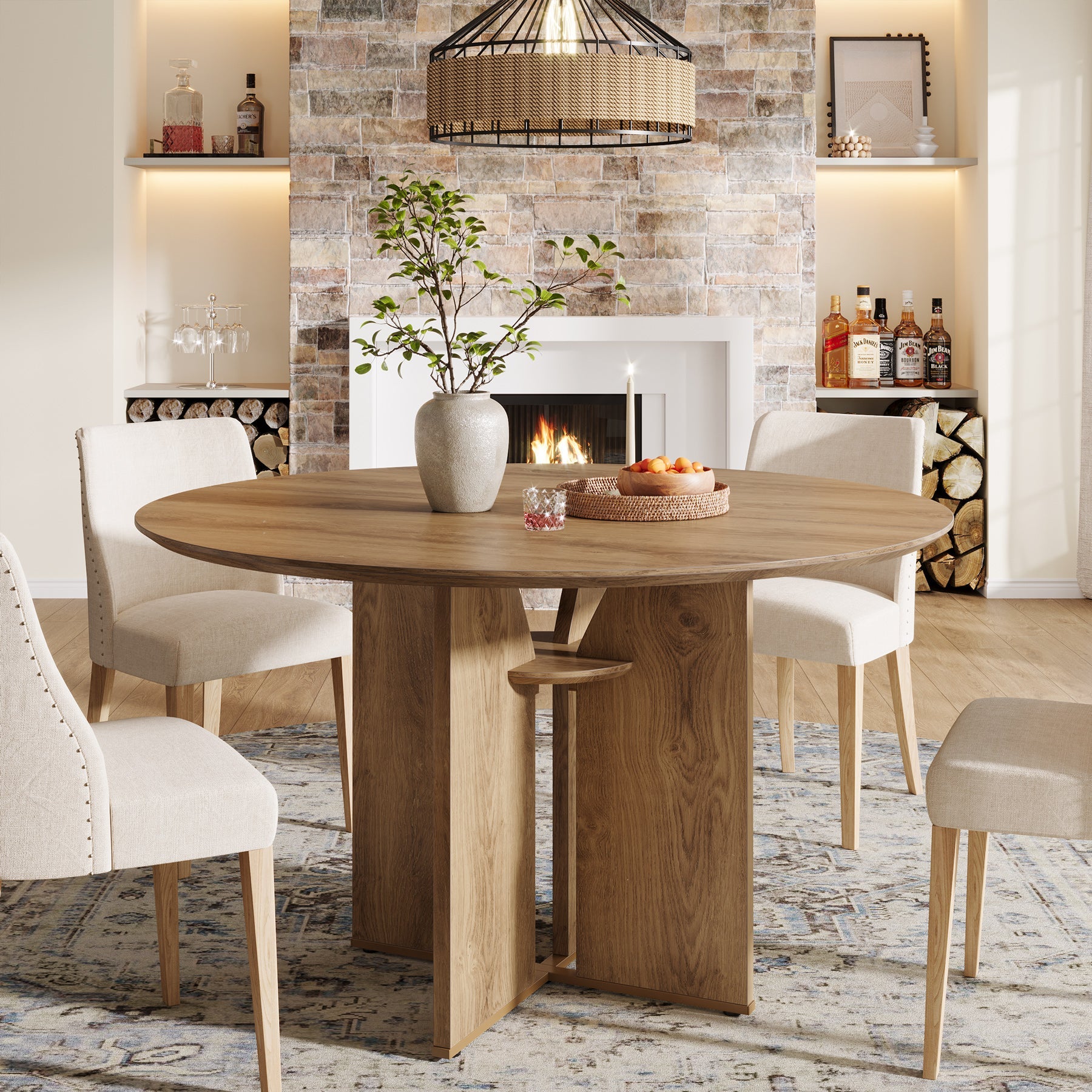 Tribesigns Mesa de comedor redonda de 100 cm, Mesa de cocina para 2-4 personas con estante y estructura en forma de X
