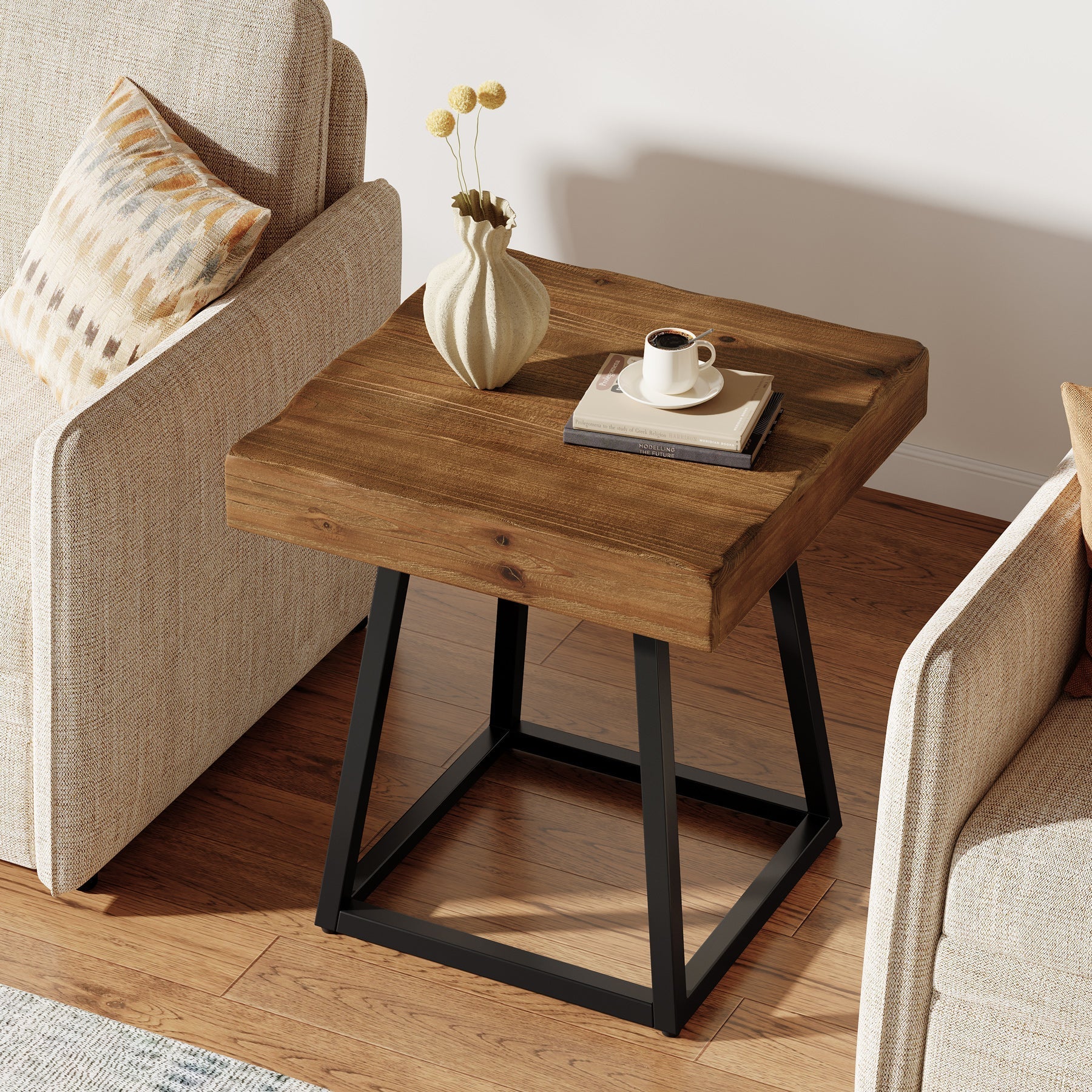 Tribesigns Mesita auxiliar de madera maciza 50 cm, Mesita de noche cuadrada con base metálica