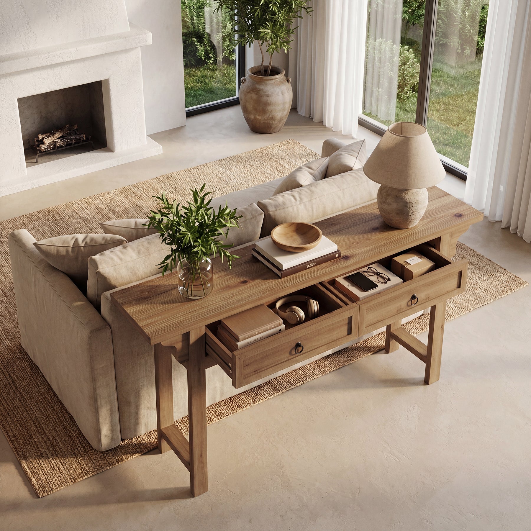 Tribesigns Consola de madera maciza de 160 cm con 2 cajones, Mesa de recibidor estrecha con espacio de almacenamiento.
