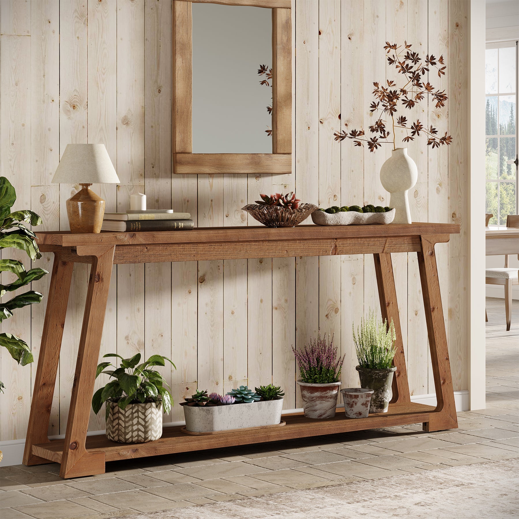 Tribesigns Mesa consola de madera maciza de 160 cm situada detrás del sofá con 2 estantes, Mesa de centro larga y estrecha para salón y recibidor