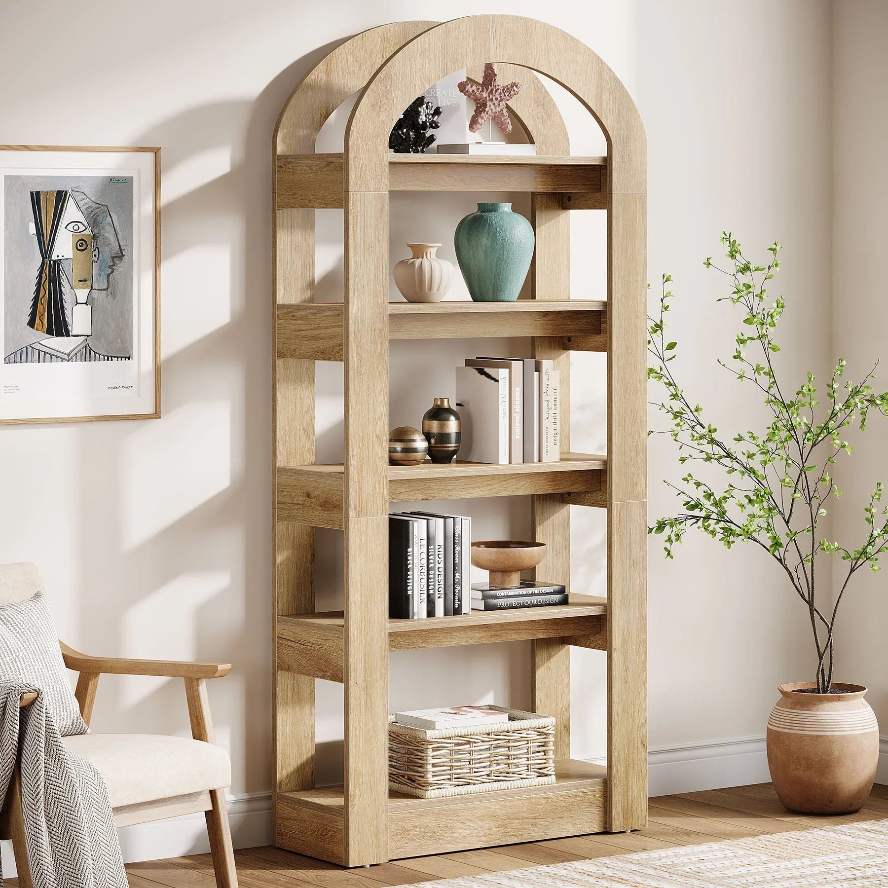 Tribesigns Librería de 5 niveles de 180 cm, librería de madera con forma de arco