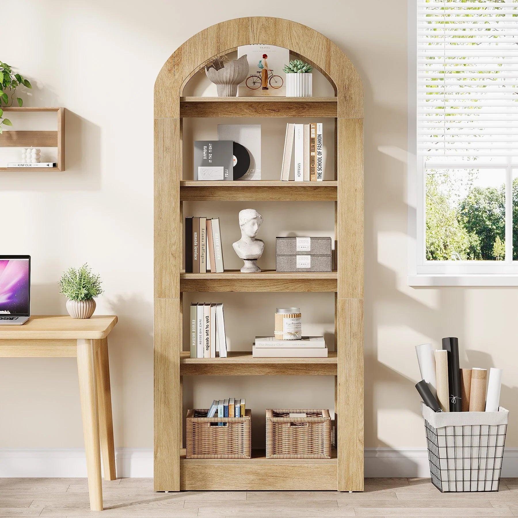 Tribesigns Librería de 5 niveles de 180 cm, librería de madera con forma de arco