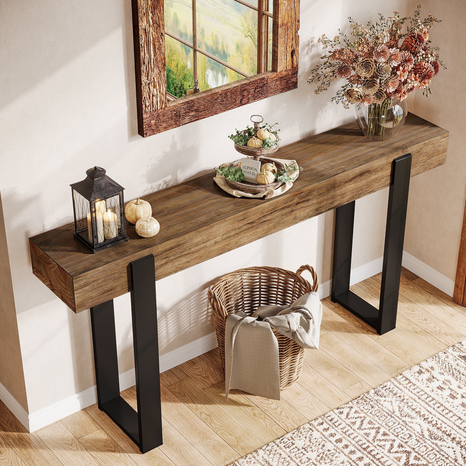 Tribesigns Mesa consola de madera maciza de 160 x 30 cm con patas de soporte metálicas