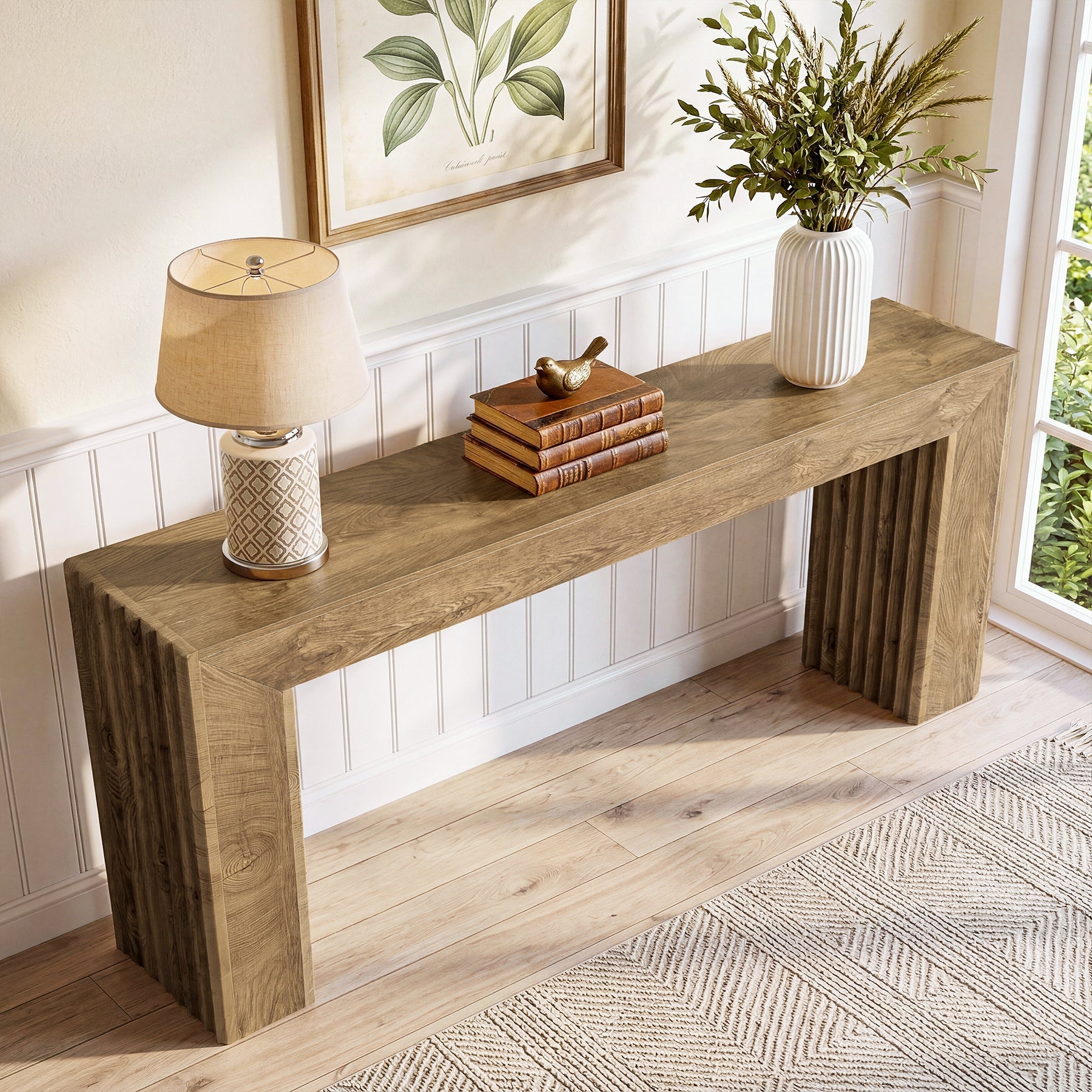 Consola de 160 cm con patas de columna estriadas, Mesa estrecha para recibidor de estilo romano