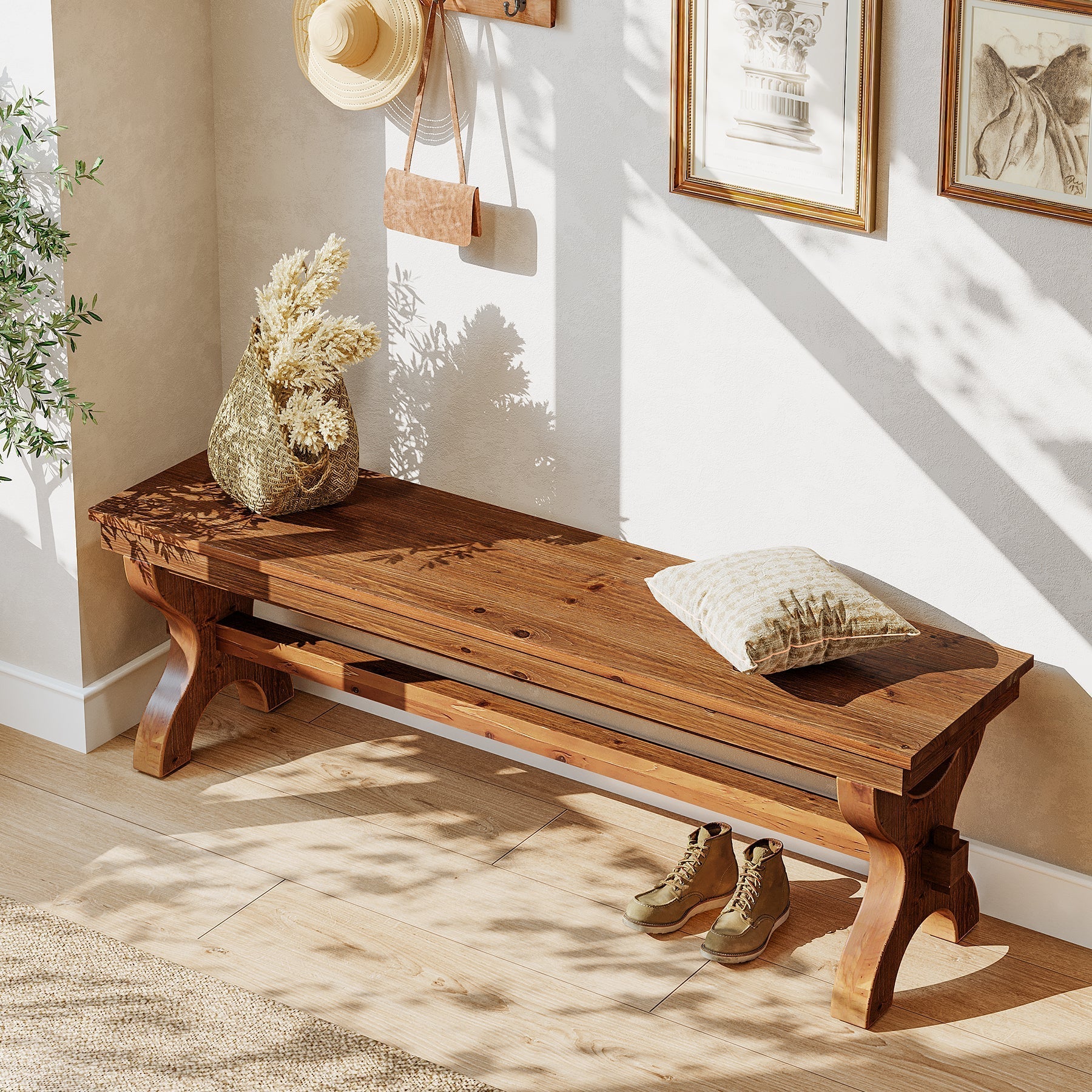 Tribesigns Banco de madera maciza de 140 cm, Banco para recibidor y zapatero de estilo rústico para recibidor, dormitorio y comedor