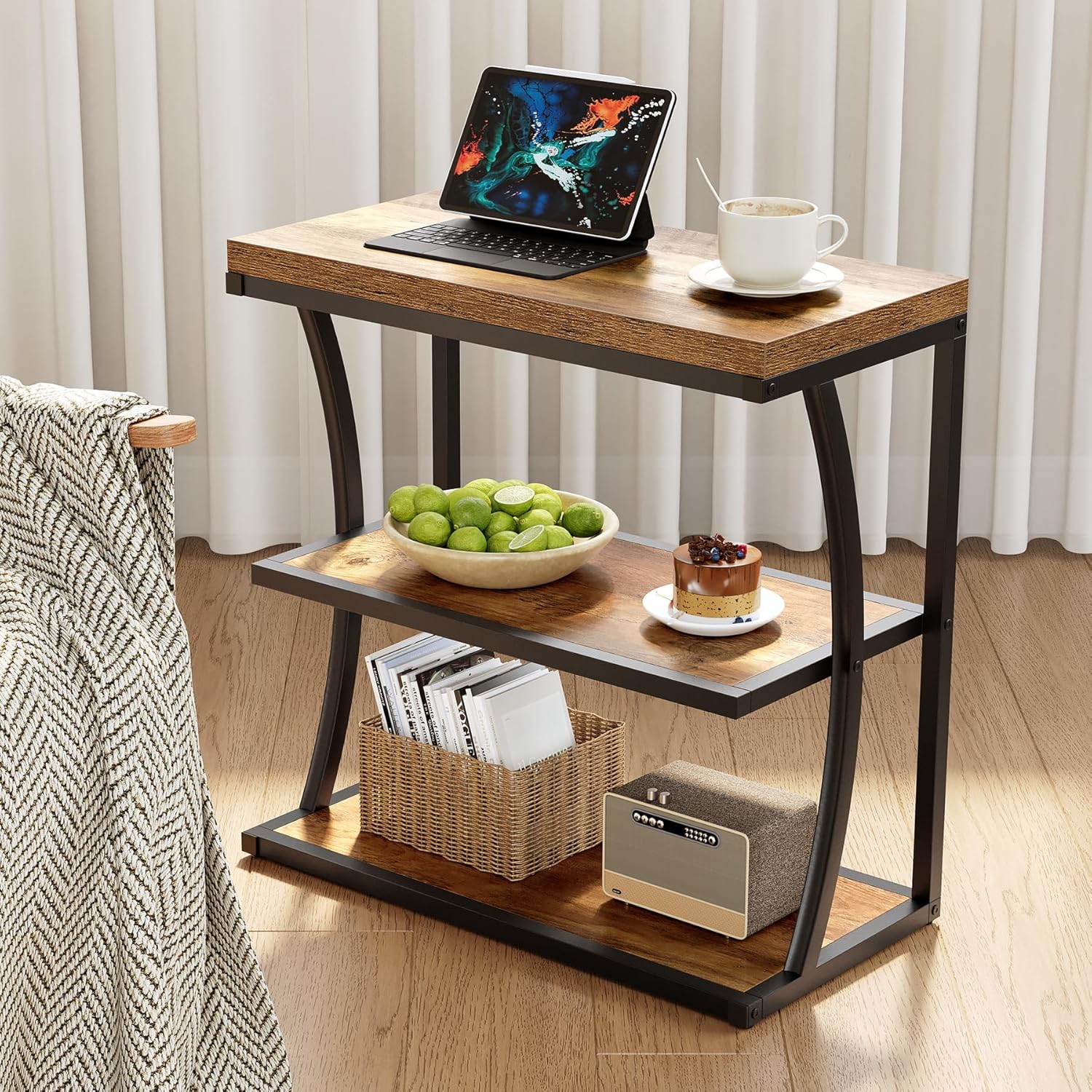 50 cm Landhaus-Beistelltisch schmal - Metallgestell mit Holzplatte,