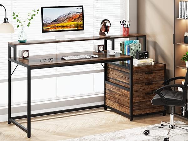 Tribesigns Escritorio con cajones, mesa de ordenador con soporte para monitor